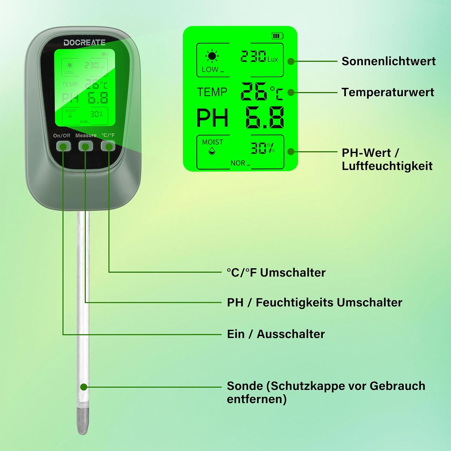 Digitale Bodenanzeige mit langen Sonden und deutschen Funktionsbeschriftungen.