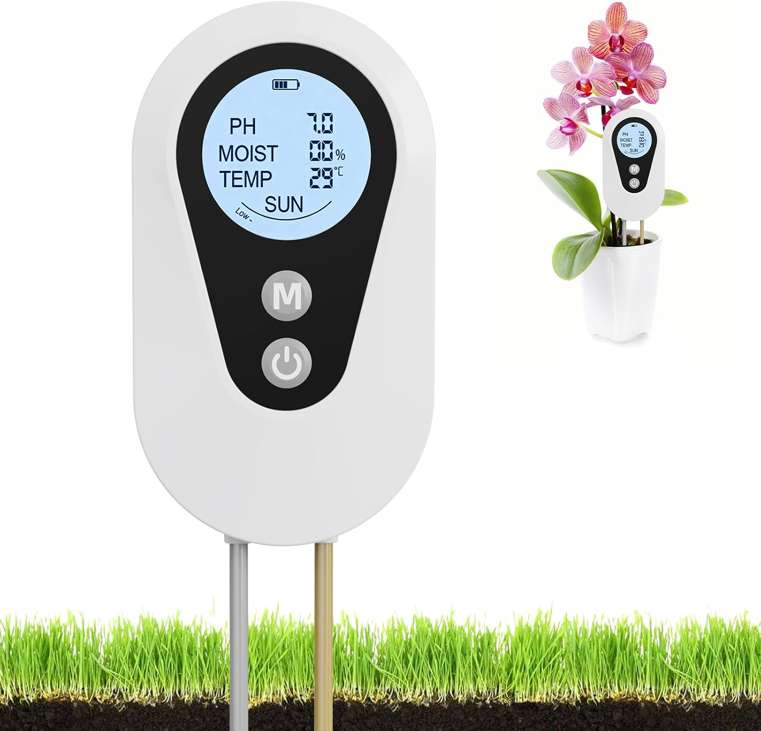 Ein weißes Bodenmessgerät zeigt pH, Feuchtigkeit, Temperatur und Licht im Gras und in einem Orchideentopf.