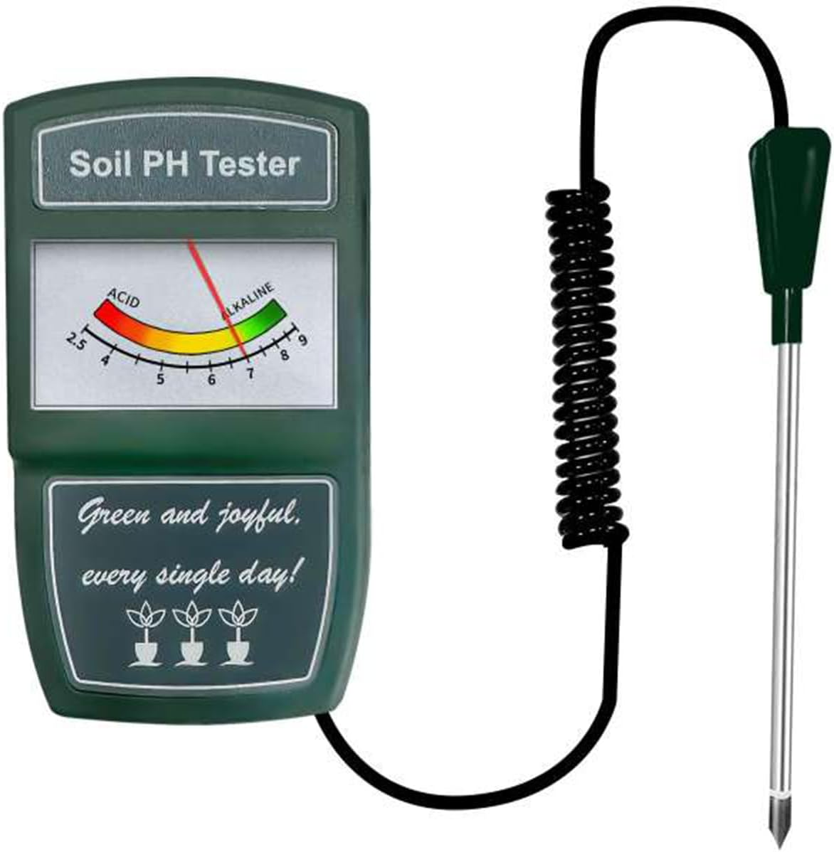 Grüner Boden-pH-Tester mit Skala und angeschlossenem Metallsensor.