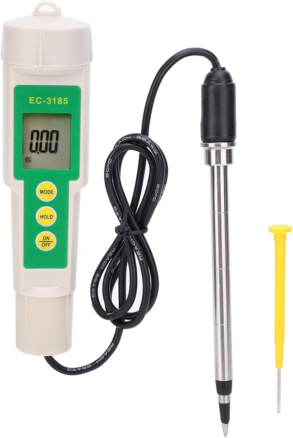 EC-3185 Messgerät mit digitaler Anzeige, Kabel und Metallsonde sowie einem kleinen gelben Schraubendreher.