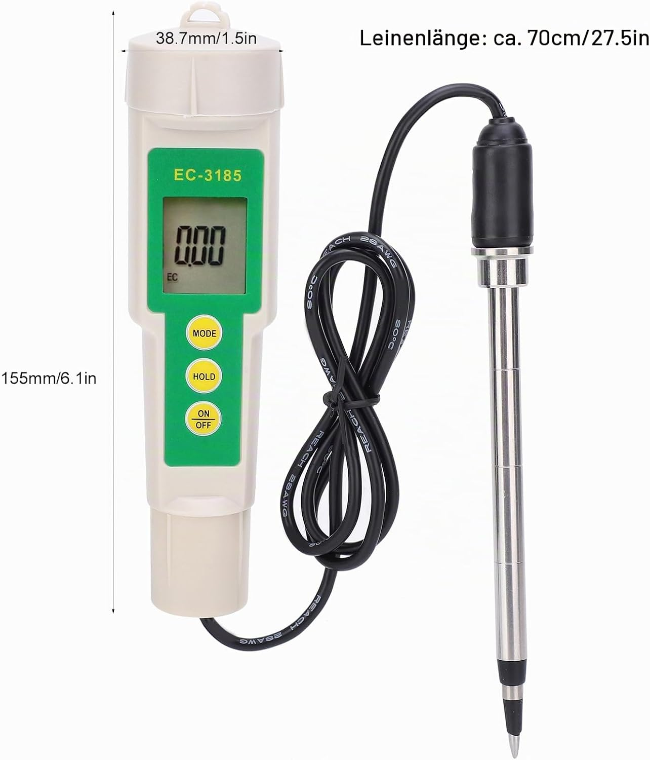 Weißes EC-3185 Messgerät mit digitalem Display, drei gelben Tasten und angeschlossenem Metallsensor.