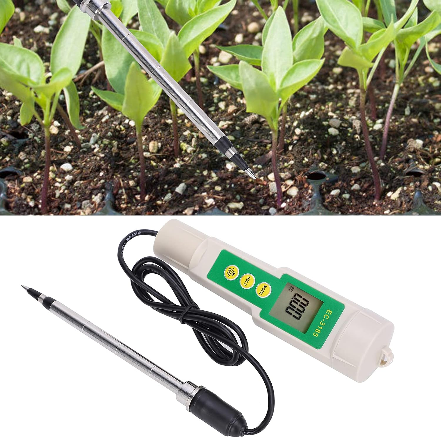 Ein digitaler EC-Tester mit langer Sonde misst den Nährstoffgehalt der Erde bei kleinen Pflanzensetzlingen.