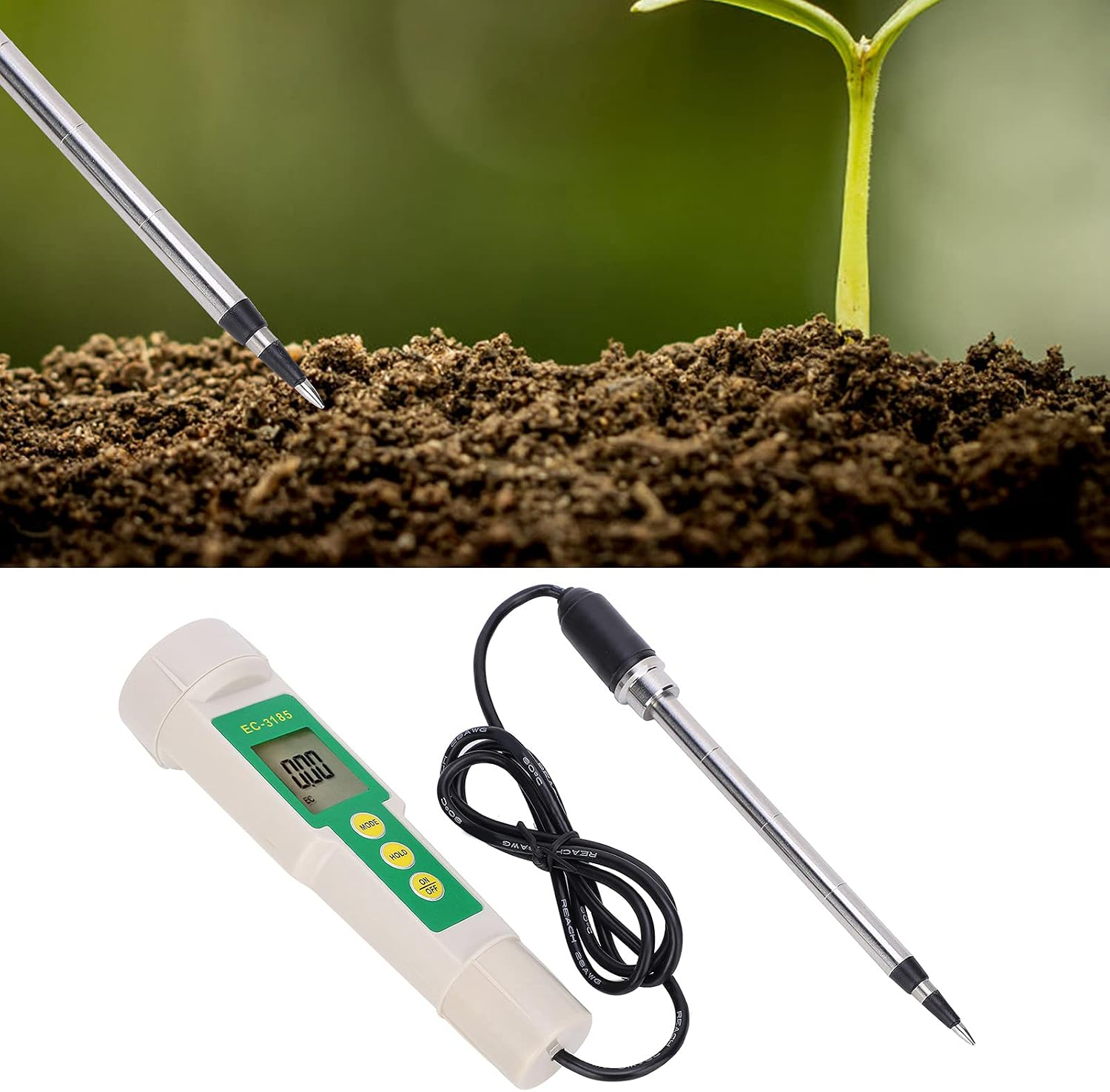 Ein Boden-EC-Meter mit Sonde im Erdreich neben einem jungen Trieb und komplett separat abgebildet.
