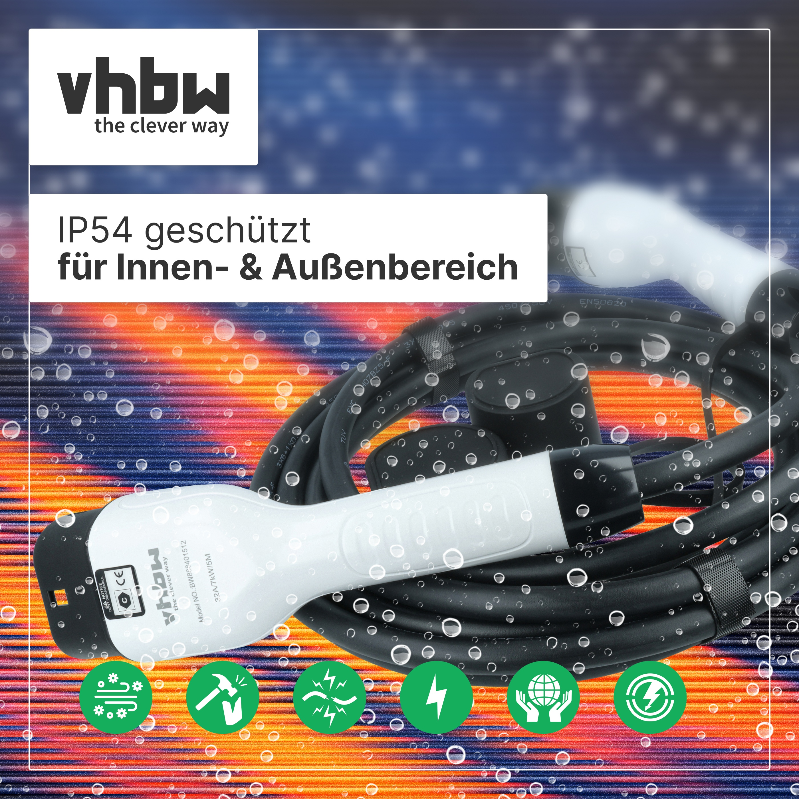 EV-Ladekabel mit weißen Anschlüssen, Wassertropfen und Symbolen auf buntem Hintergrund.