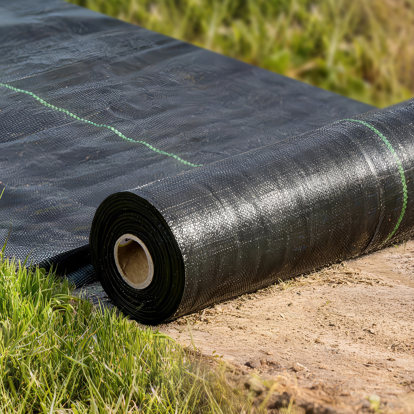 Schwarze Unkrautfolie mit grünen Linien liegt auf der Erde neben grünem Gras.