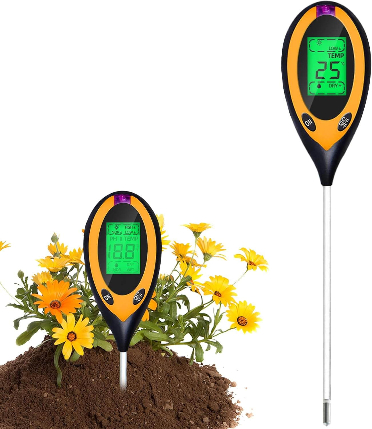 Ein Bodenmessgerät steckt in Erde bei gelben Blumen, ein weiteres Gerät ist separat abgebildet.