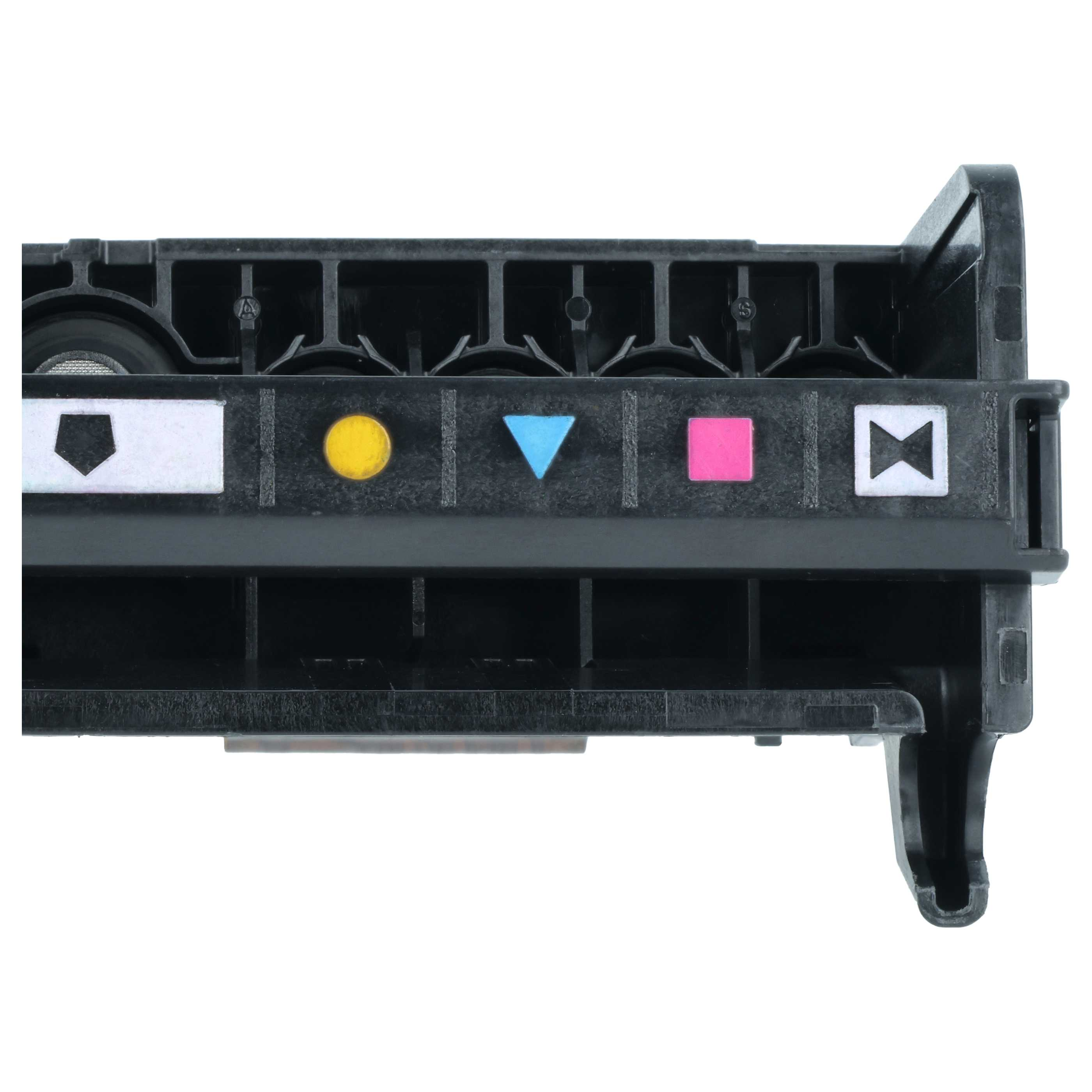 Ein schwarzer Drucker-Druckkopf aus Plastik mit fünf Farbindikatoren in Schwarz, Gelb, Cyan, Magenta und Weiß.
