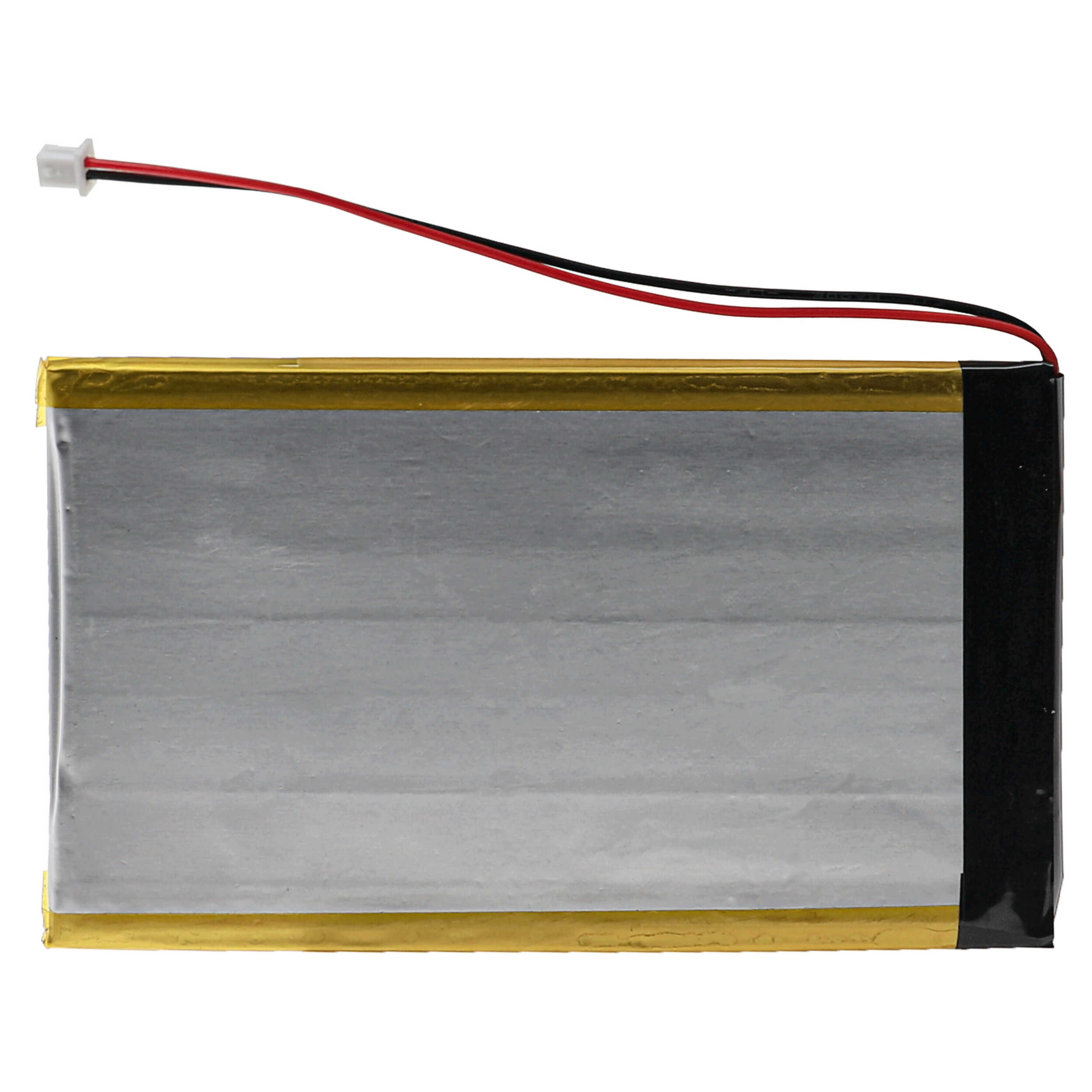 Eine rechteckige Lithium-Polymer-Batterie mit silbernem Körper, Goldkanten und weißem Stecker an Kabeln.