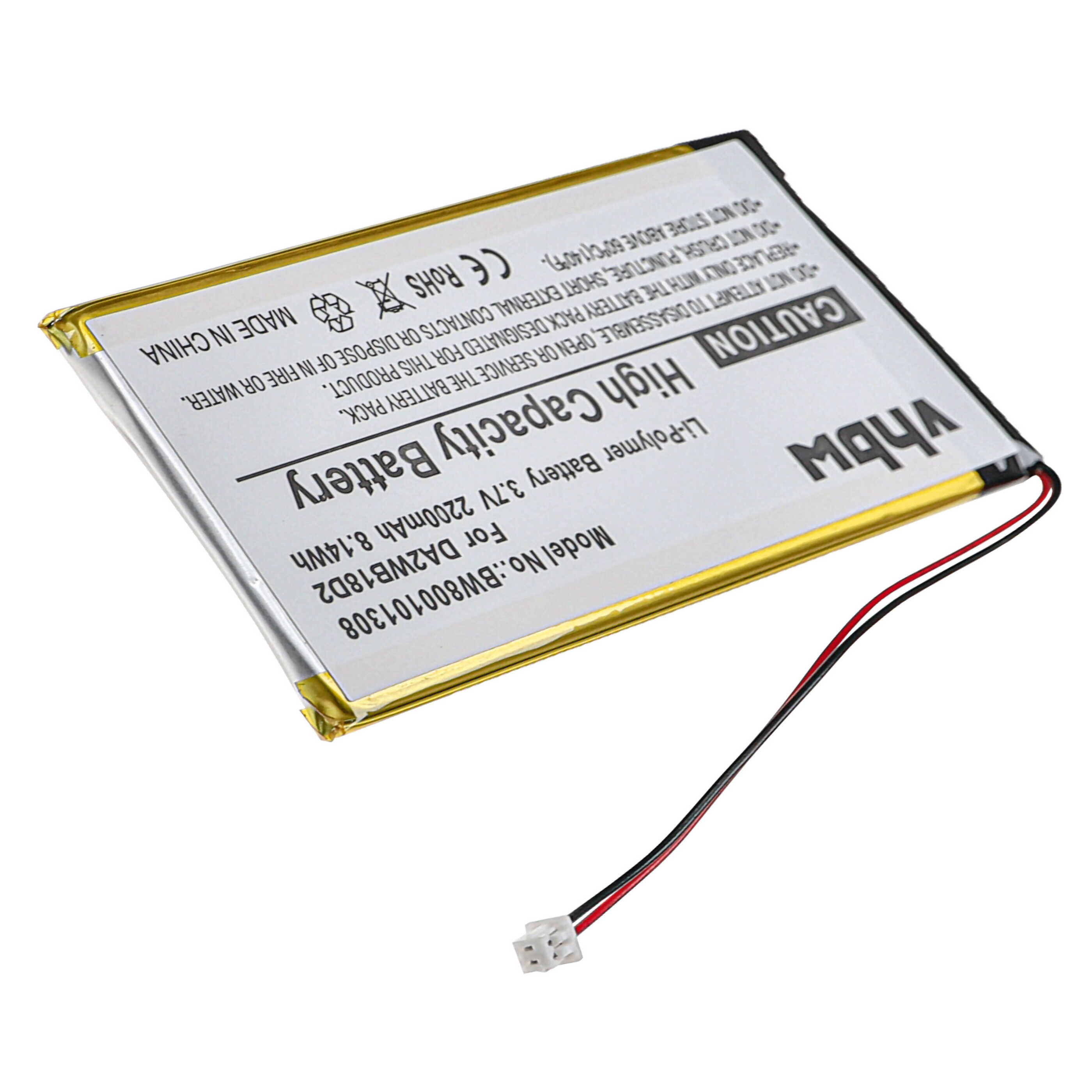 Eine rechteckige, weiße und gelbe vhbw Lithium-Polymer-Batterie mit angeschlossenen roten und schwarzen Kabeln.