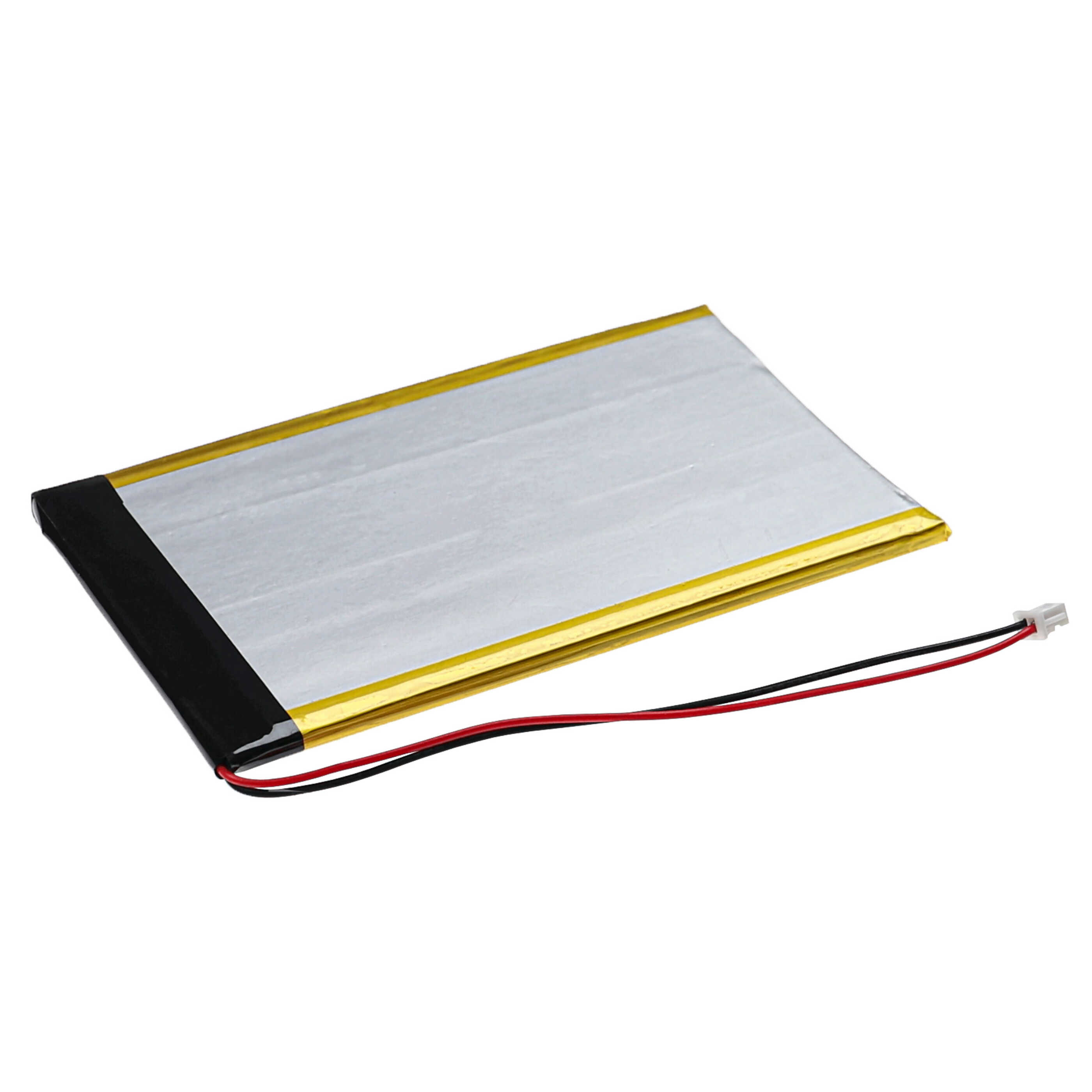 Ein rechteckiger Lithium-Polymer-Akku mit silbernem Körper, gelben Kanten und weißem Stecker an roten und schwarzen Kabeln.