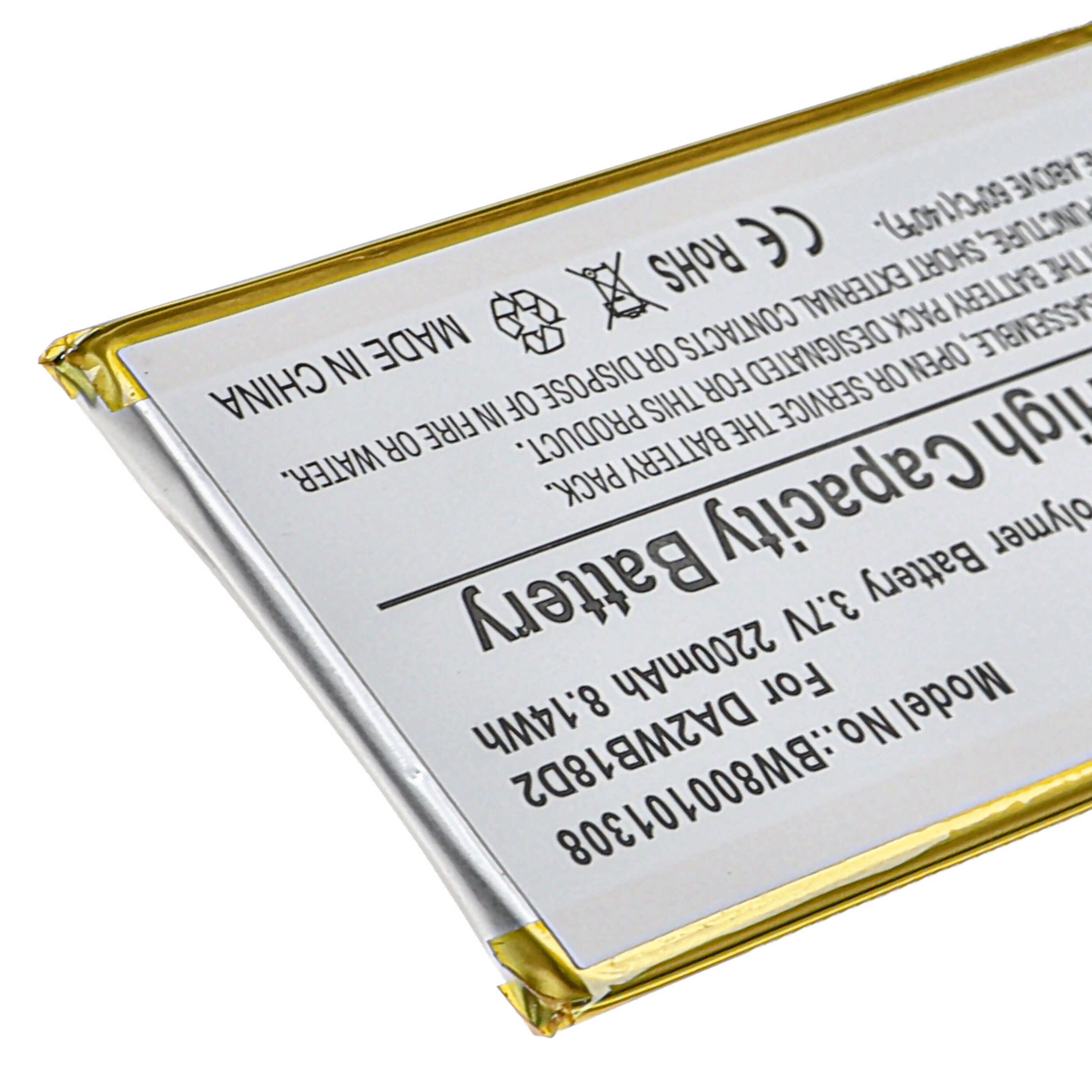 Nahaufnahme eines Lithium-Polymer-Akkus mit gedruckten Warnhinweisen und technischen Daten.