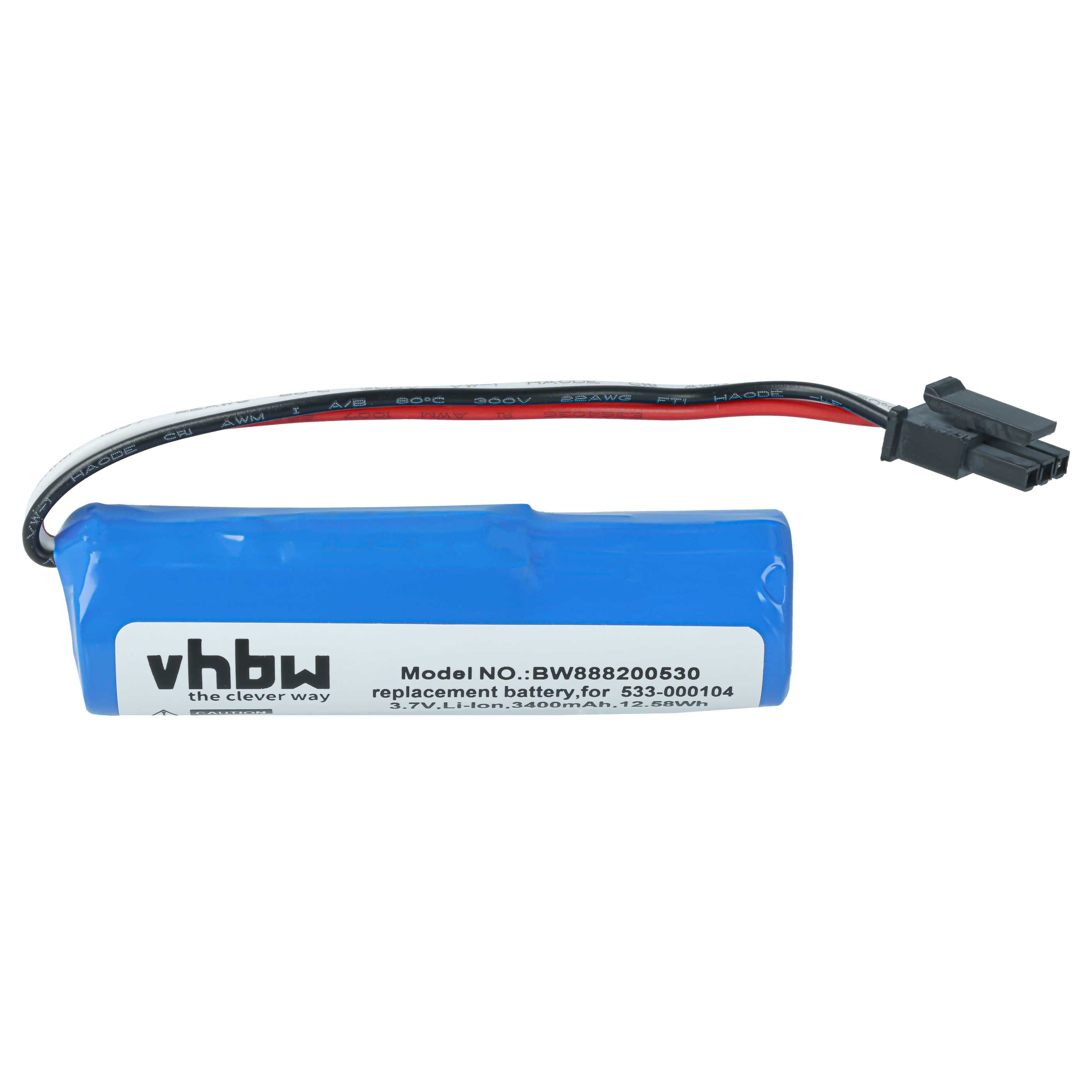 Blaue Vhbw Ersatzbatterie mit schwarzem und rotem Kabel und Steckverbinder auf weißem Hintergrund.