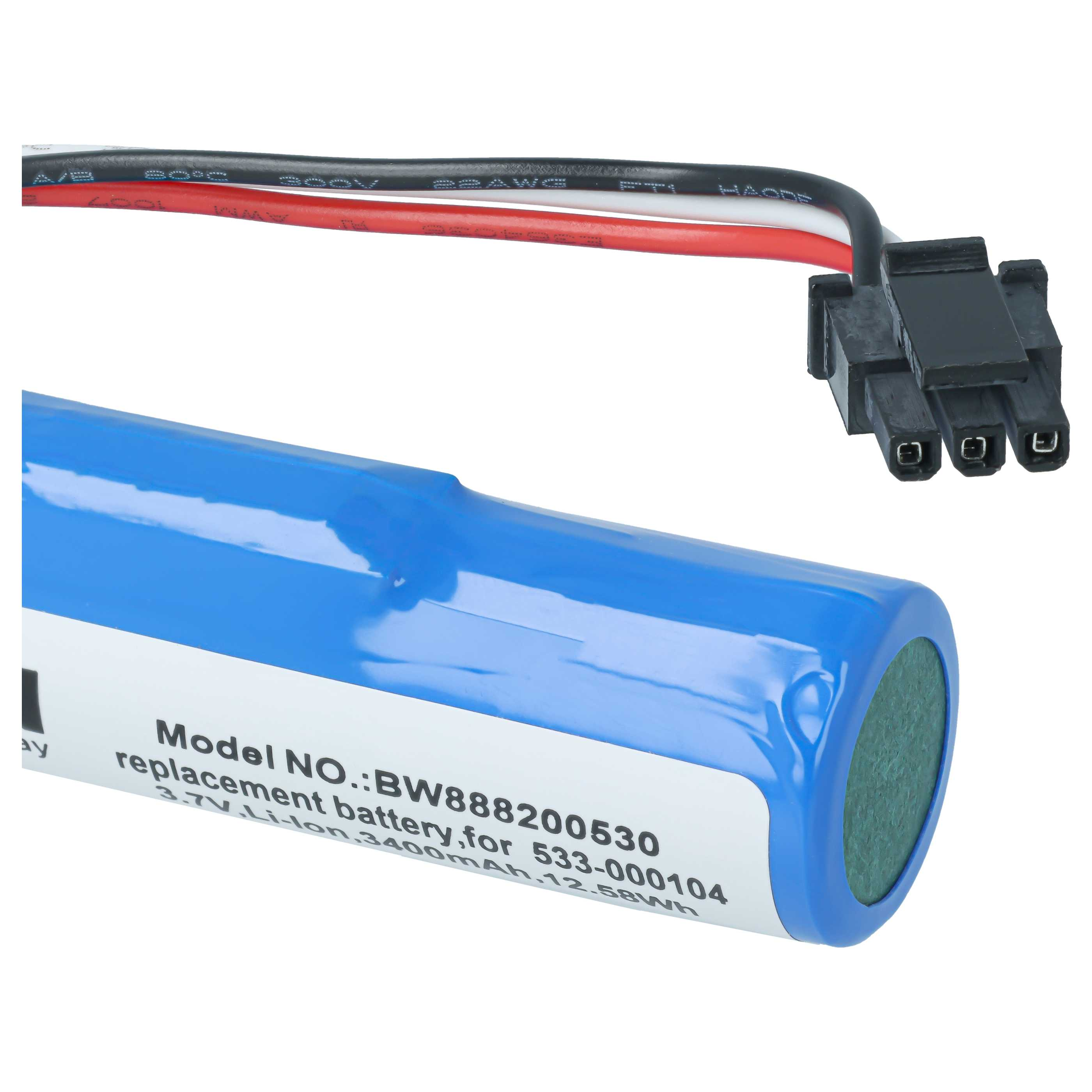 Blaue zylindrische Ersatzbatterie mit weißem Etikett, roten und schwarzen Drähten und schwarzem dreipoligen Stecker.