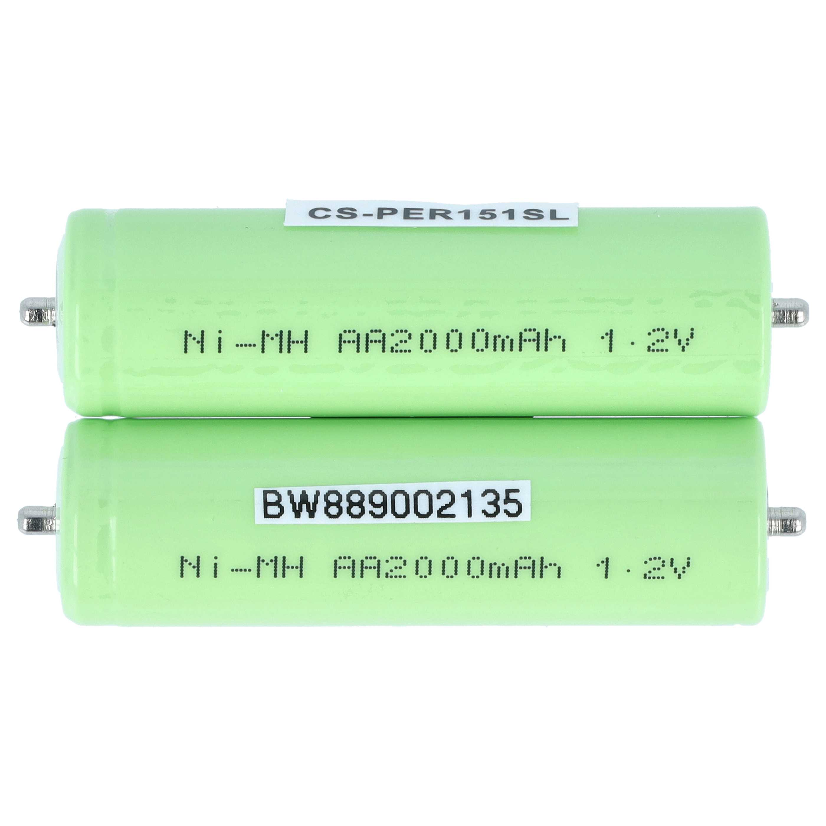 Zwei grüne Ni-MH AA 2000mAh 1.2V Akkus mit aufgedruckten Nummern.
