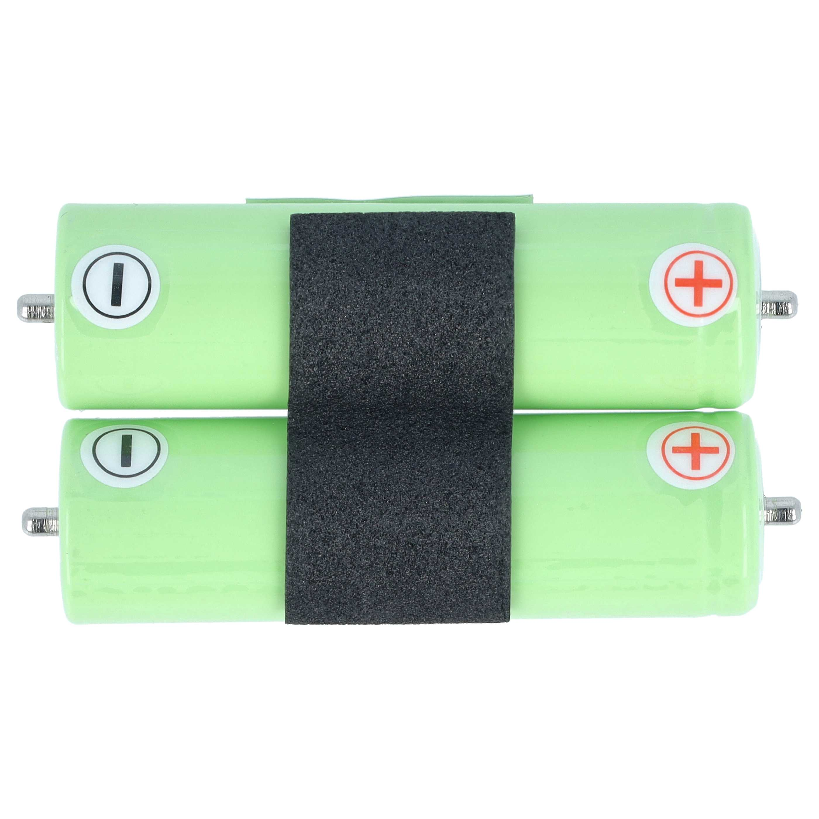 Zwei grüne zylindrische Batterien, verbunden mit einem schwarzen Band und gekennzeichnet mit Plus- und Minuspolen.