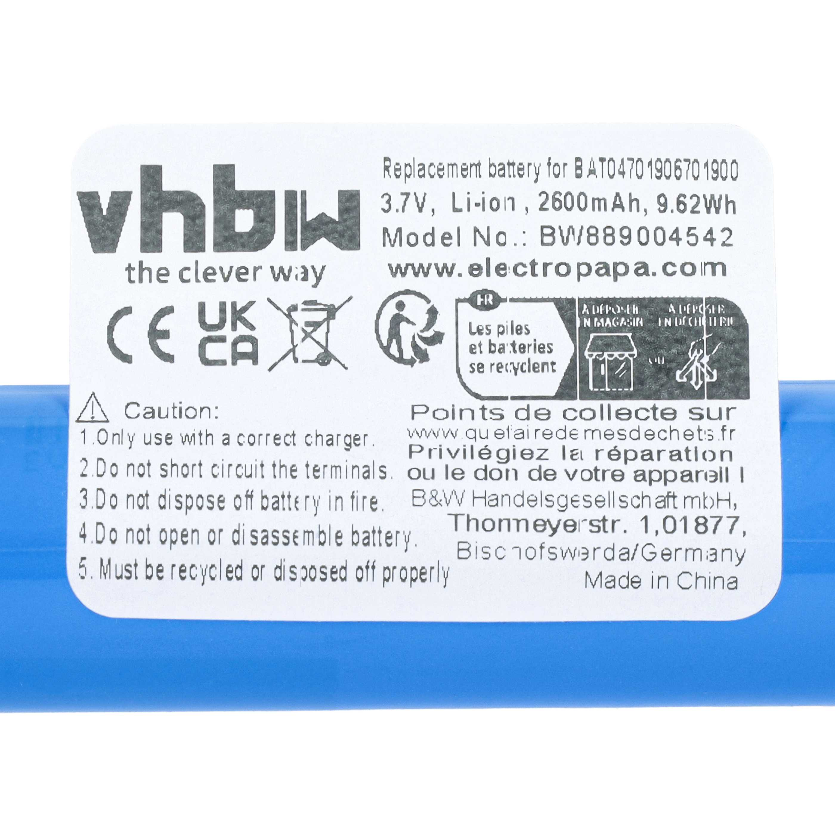 Aufkleber auf einem blauen Akku mit Technischen Daten, Vhbw-Logo und Sicherheitshinweisen.