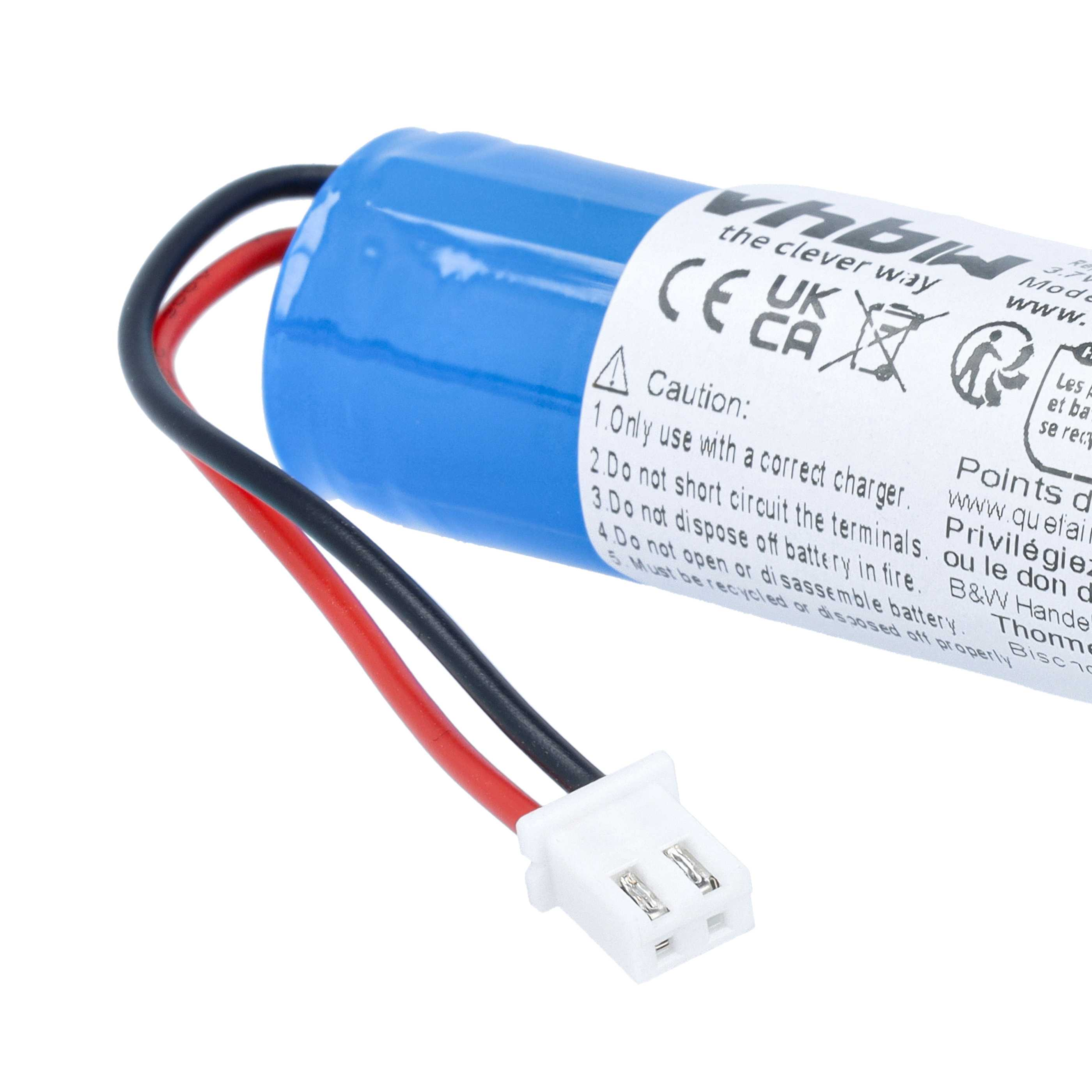 Eine blaue zylindrische Batterie mit roten und schwarzen Kabeln, die zu einem weißen Stecker führen.