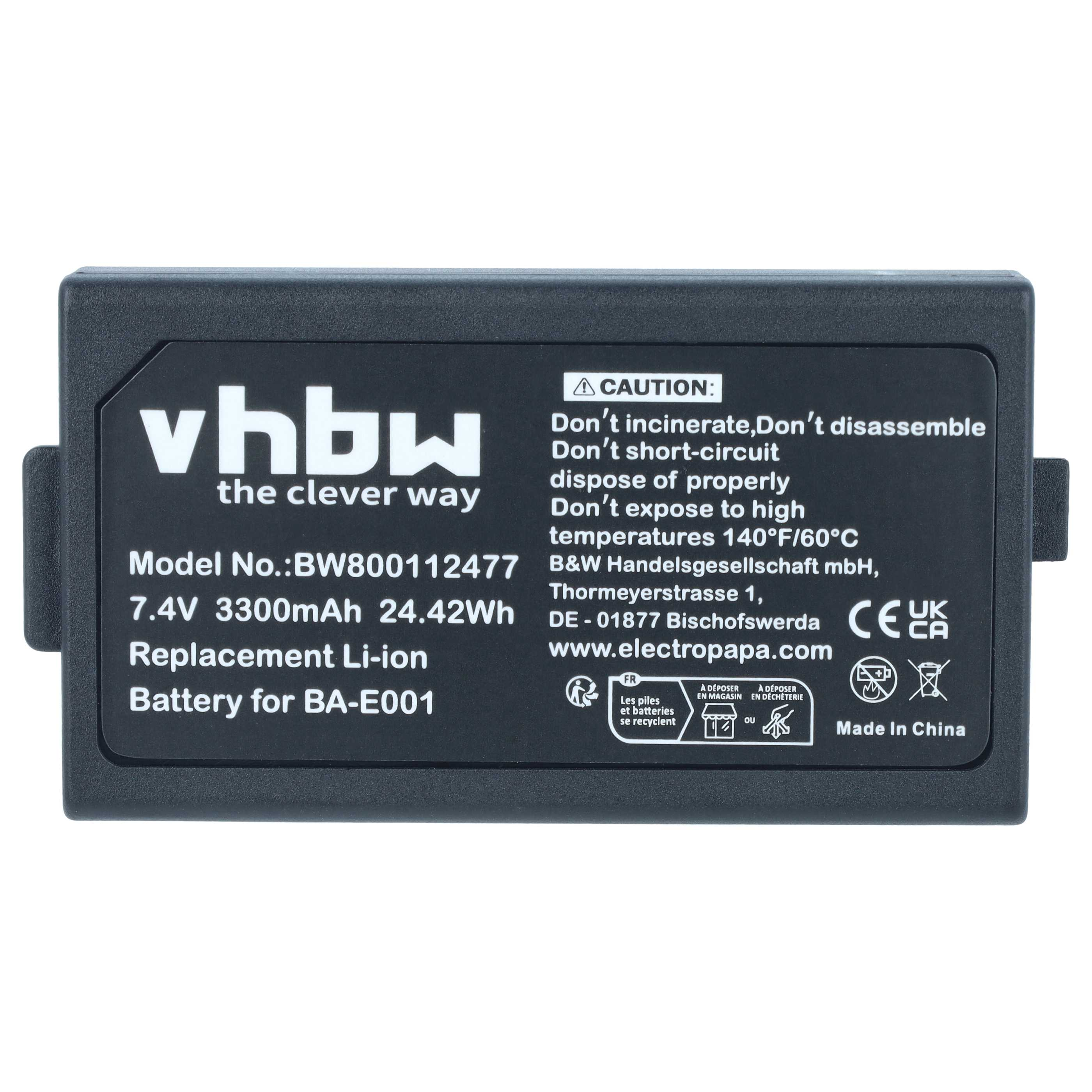 Schwarzer vhbw Li-Ion-Ersatzakku mit Modellnummer, technischen Daten, Warnhinweisen und Recycling-Symbolen.