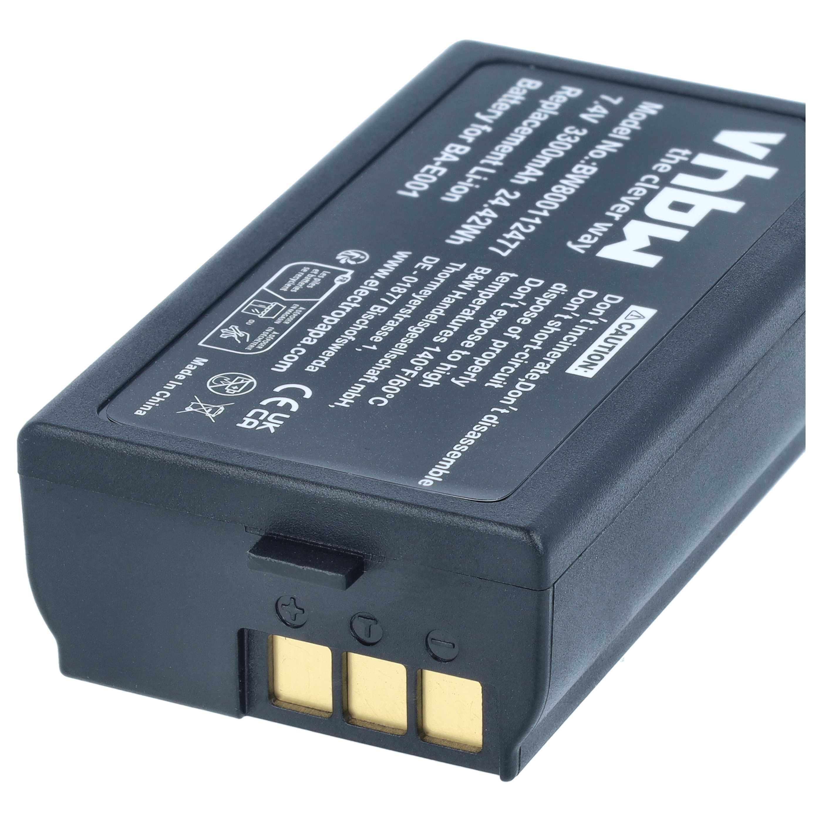 Ein schwarzer Lithium-Ionen-Akku mit gedruckten Warnhinweisen und goldenen Kontakten.