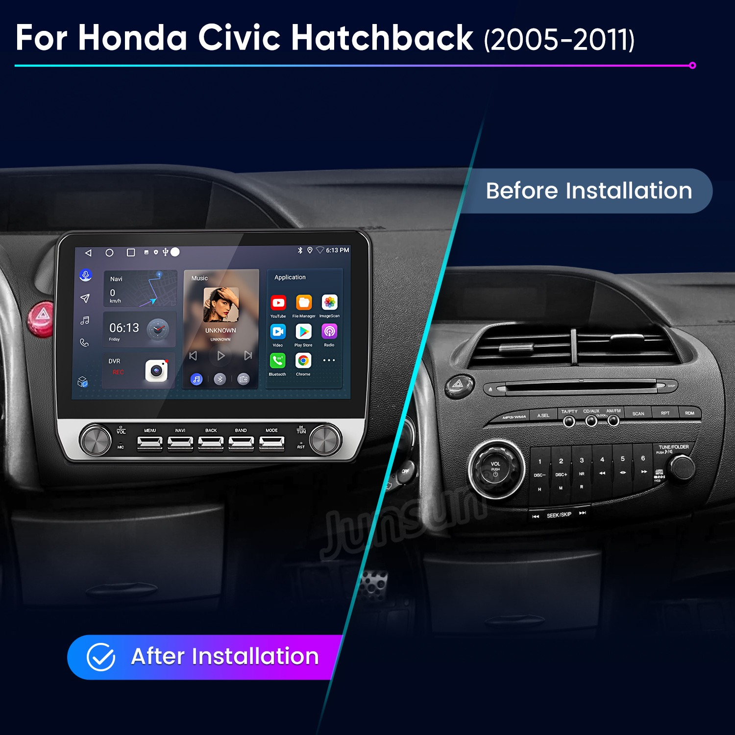 Vergleich der Honda Civic Armaturenfläche vor und nach dem Einbau eines modernen Touchscreen-Autoradios.