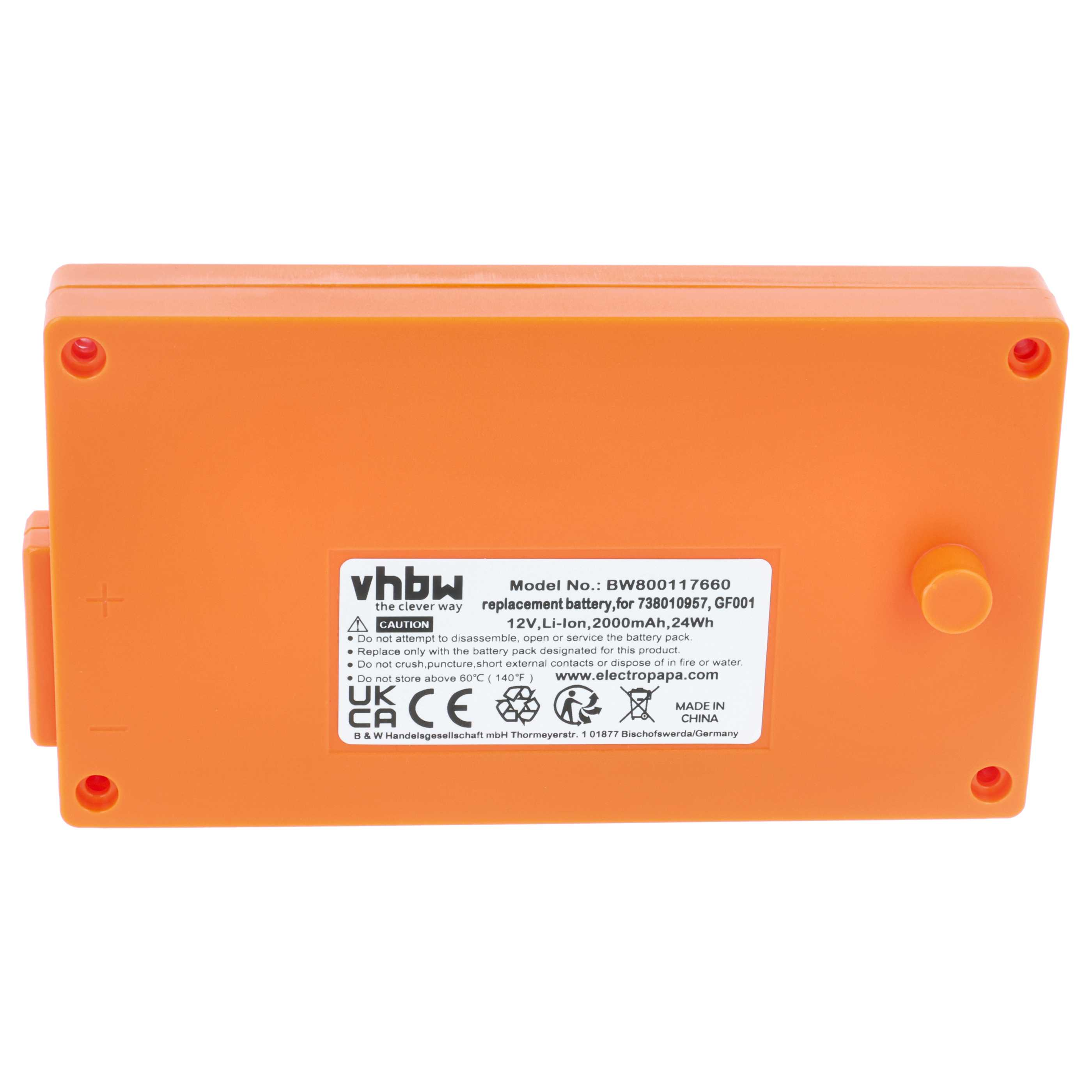 Ein orangefarbenes elektronisches Gerät mit einem Vhbw-Etikett, Warnhinweisen und vier Schrauben in den Ecken.