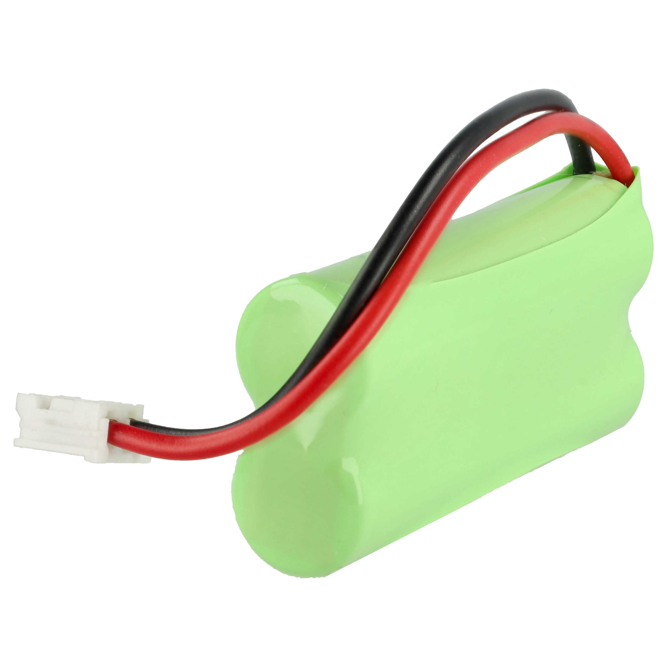 Grünes Akkupack mit roten und schwarzen Kabeln, die in einem weißen Stecker enden.