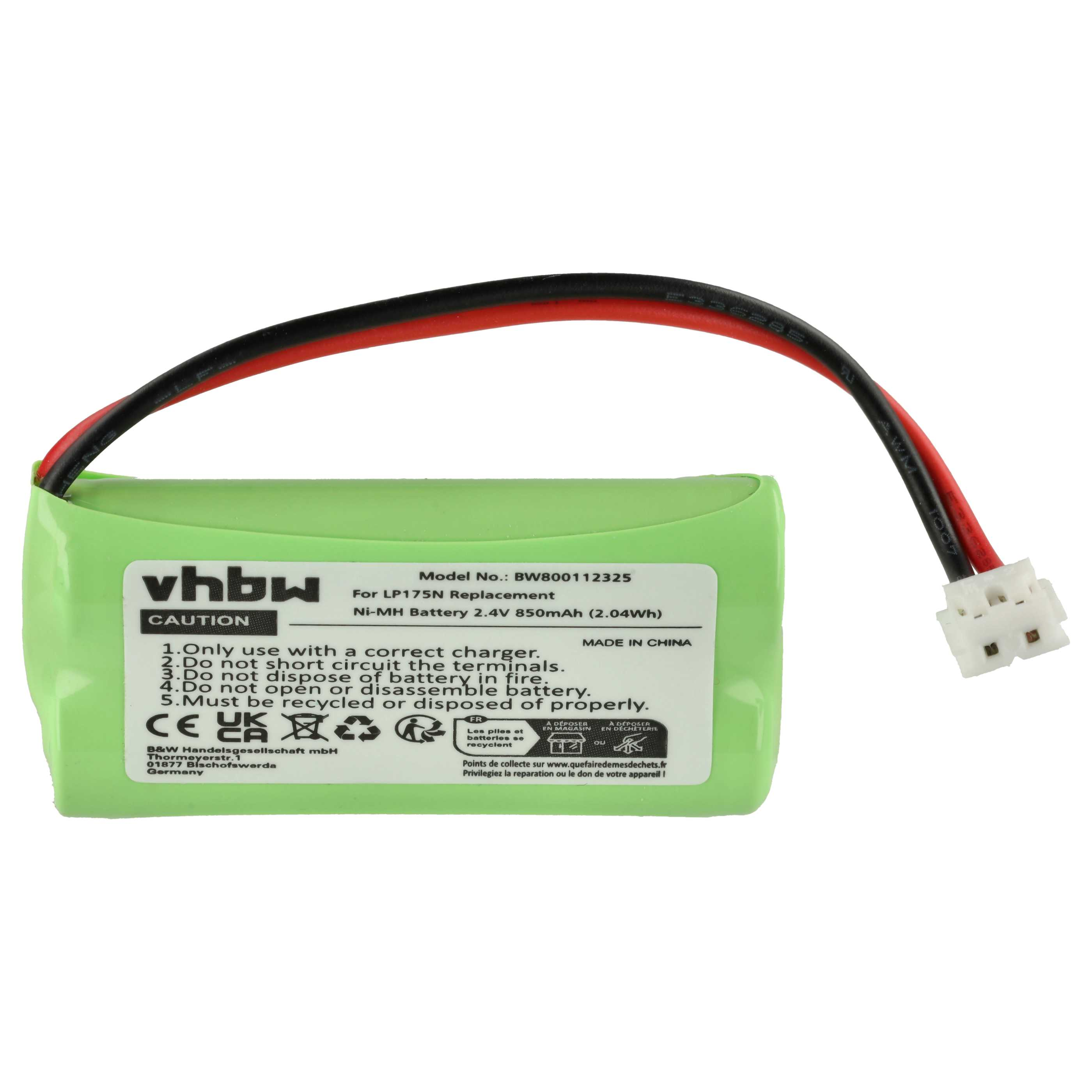 Grüner Ni-MH Akku 2,4V 850mAh mit schwarzem und rotem Kabel sowie weißem Stecker.