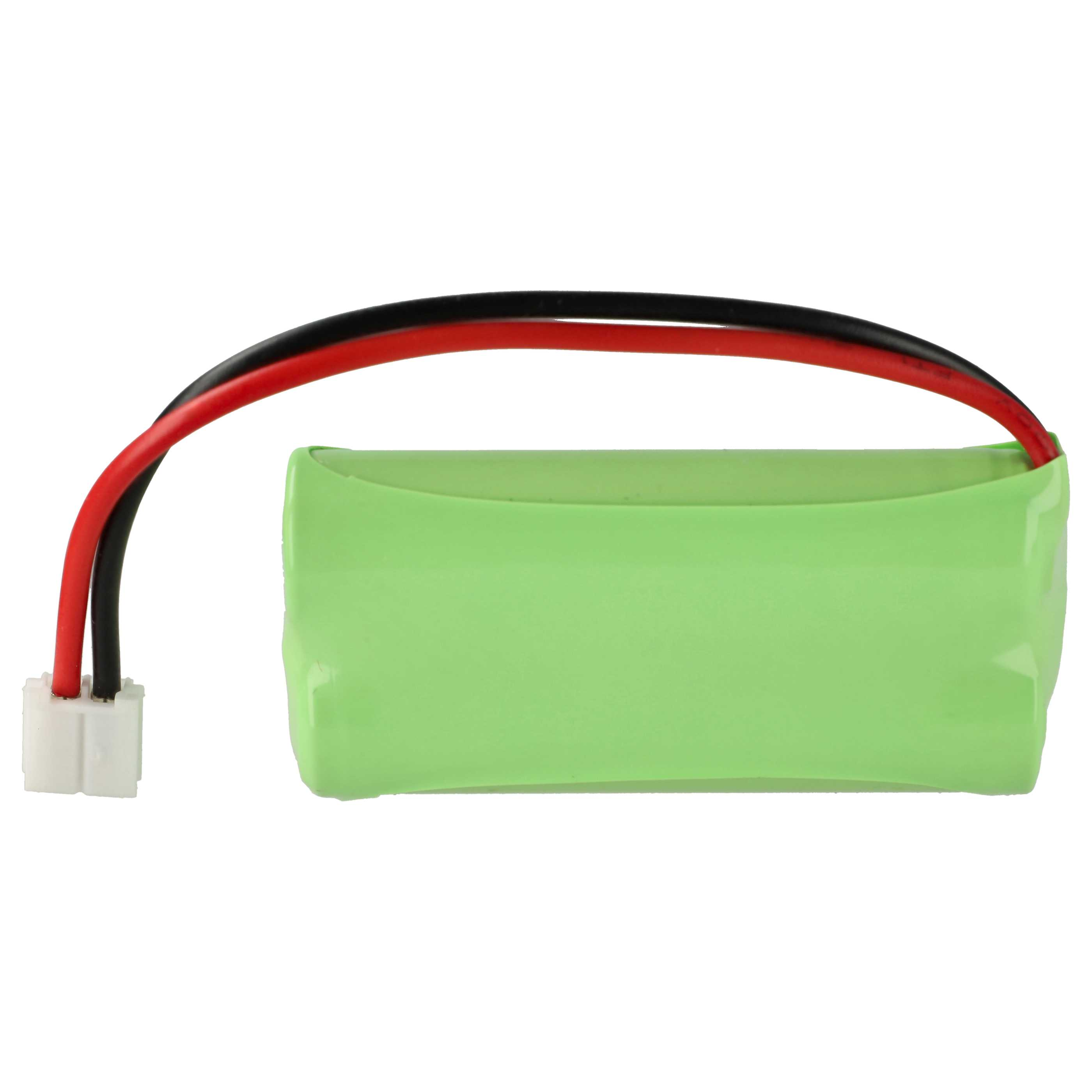 Grüner Akku mit einem roten und einem schwarzen Kabel, das in einem weißen Stecker endet.