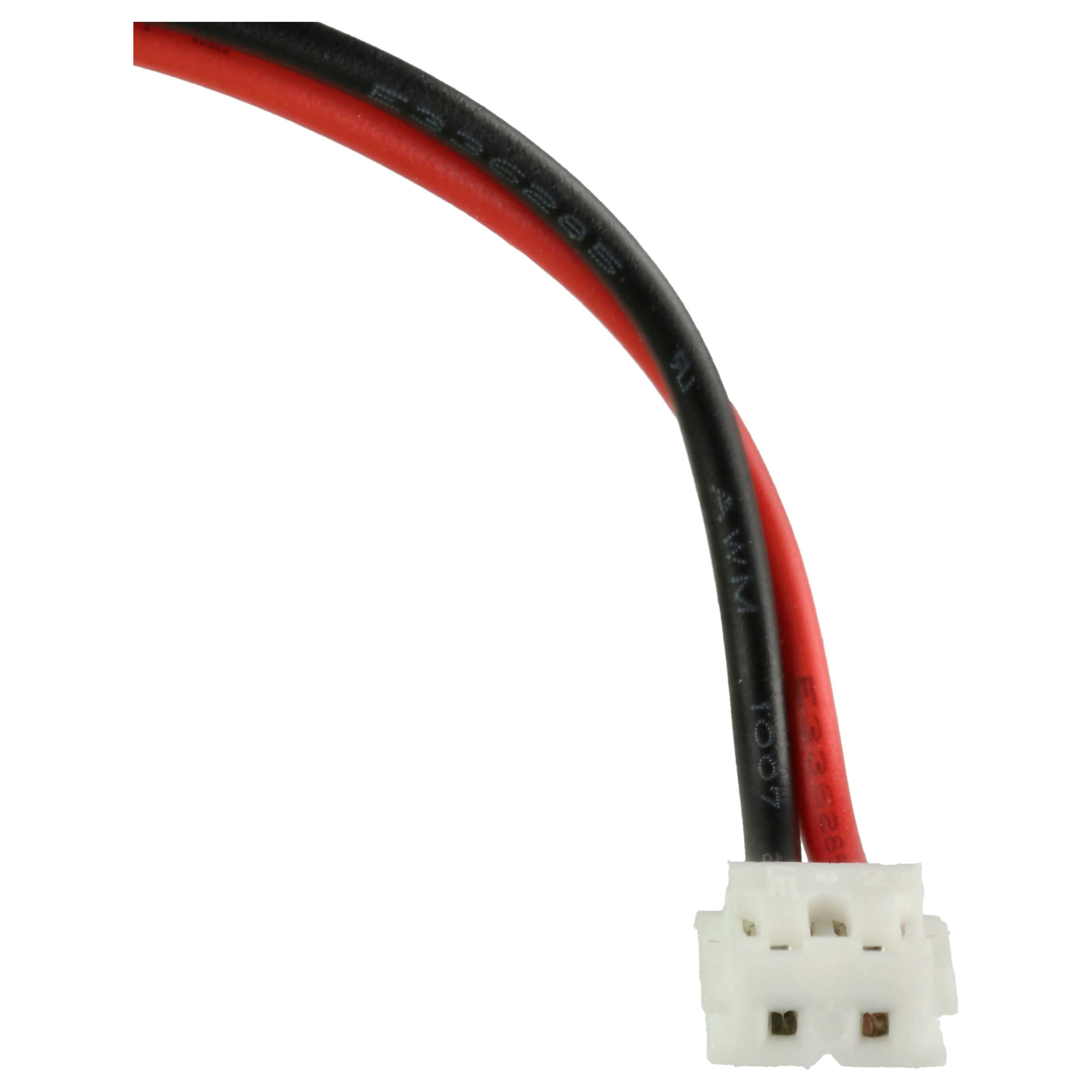Nahaufnahme eines roten und schwarzen Kabels, das an einen kleinen weißen Kunststoffstecker angeschlossen ist.