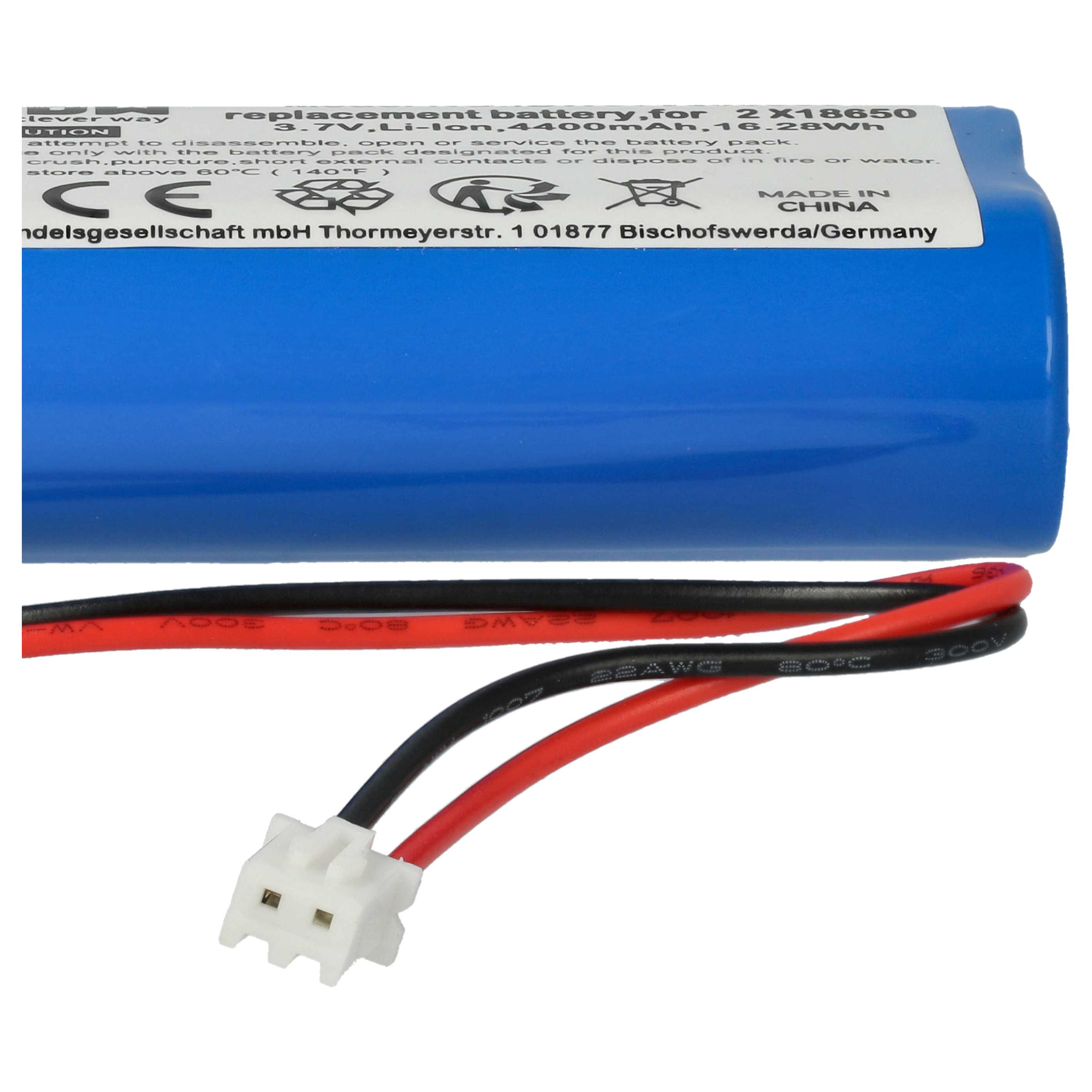 Blaue Ersatzbatterie mit roten und schwarzen Kabeln und weißem Stecker.