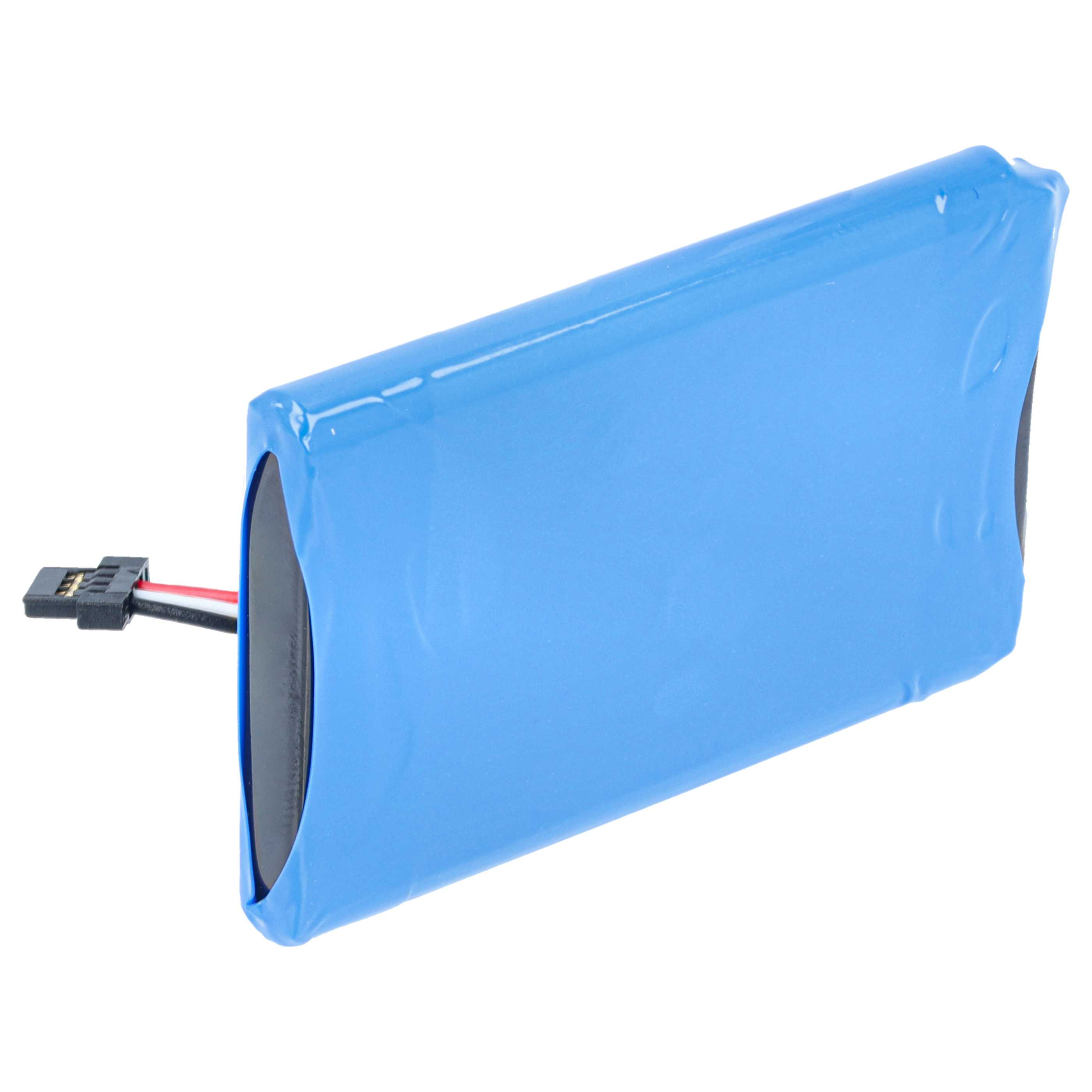 Ein blauer Lithium-Ionen-Akku mit drei Drähten und schwarzem Stecker vor weißem Hintergrund.
