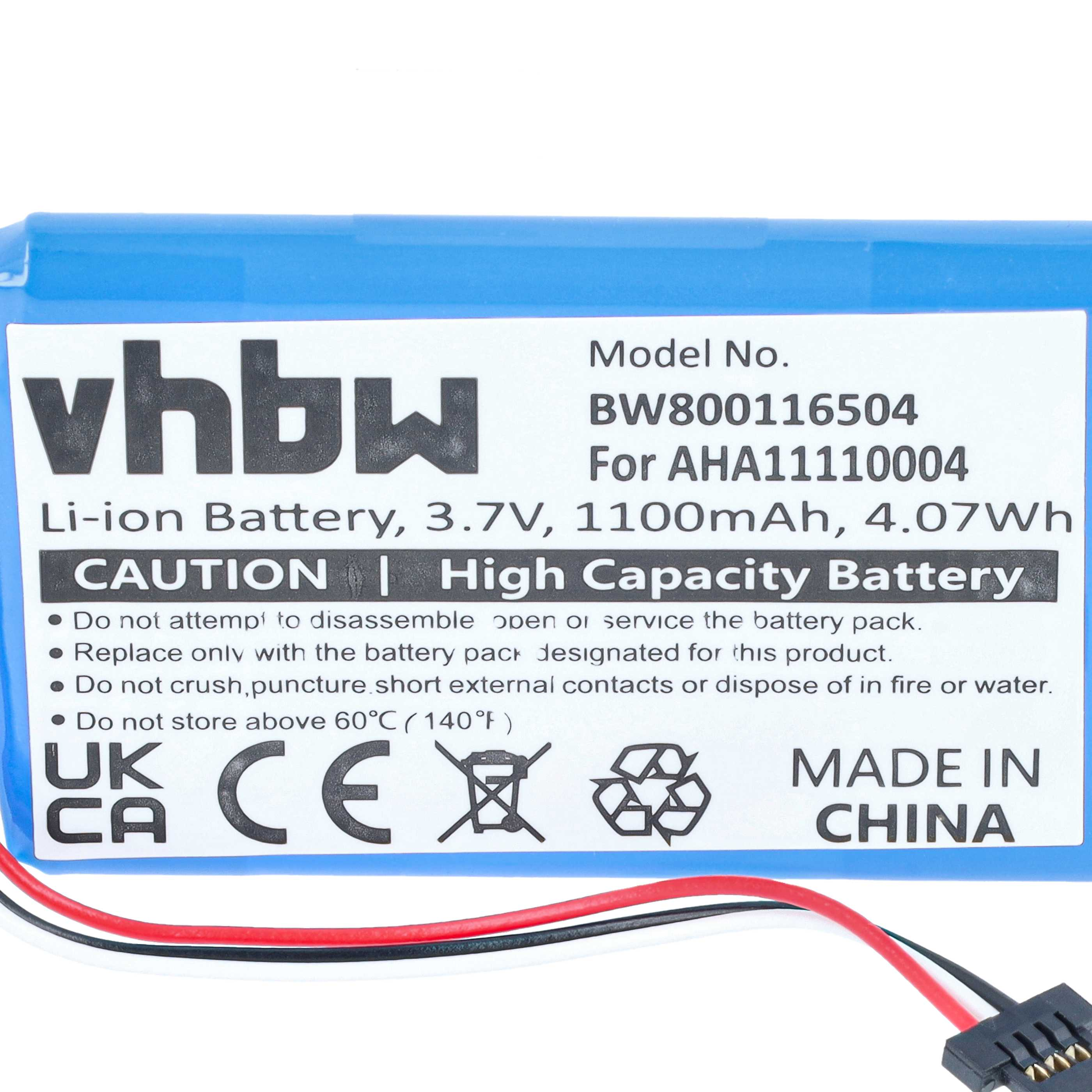 Blaue vhbw Li-Ionen-Akkubatterie mit Modell- und Warntexten sowie angeschlossenen Kabeln.