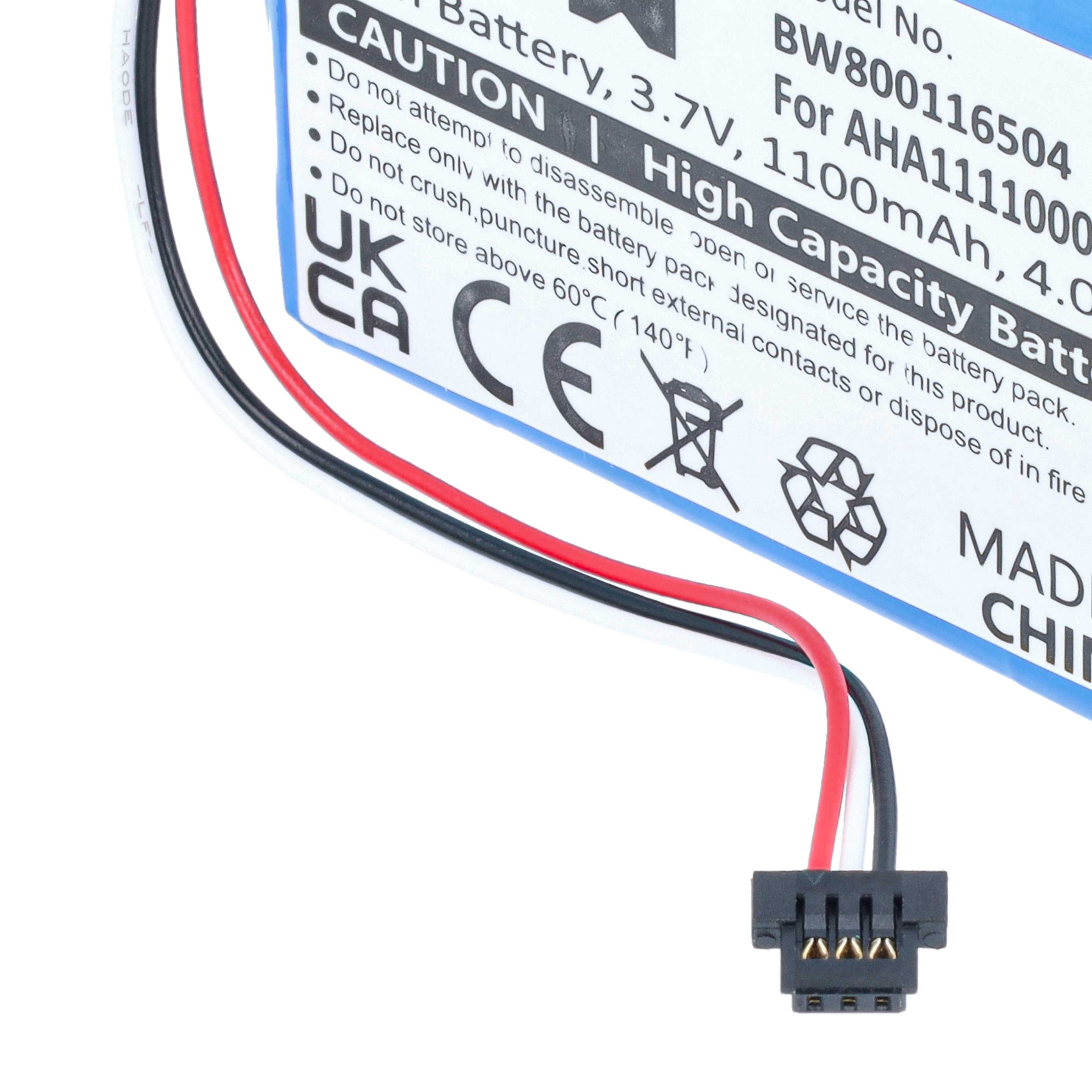 Blaue Batterie mit Warntext, CE-Zeichen und drei farbigen Kabeln mit schwarzem Stecker.