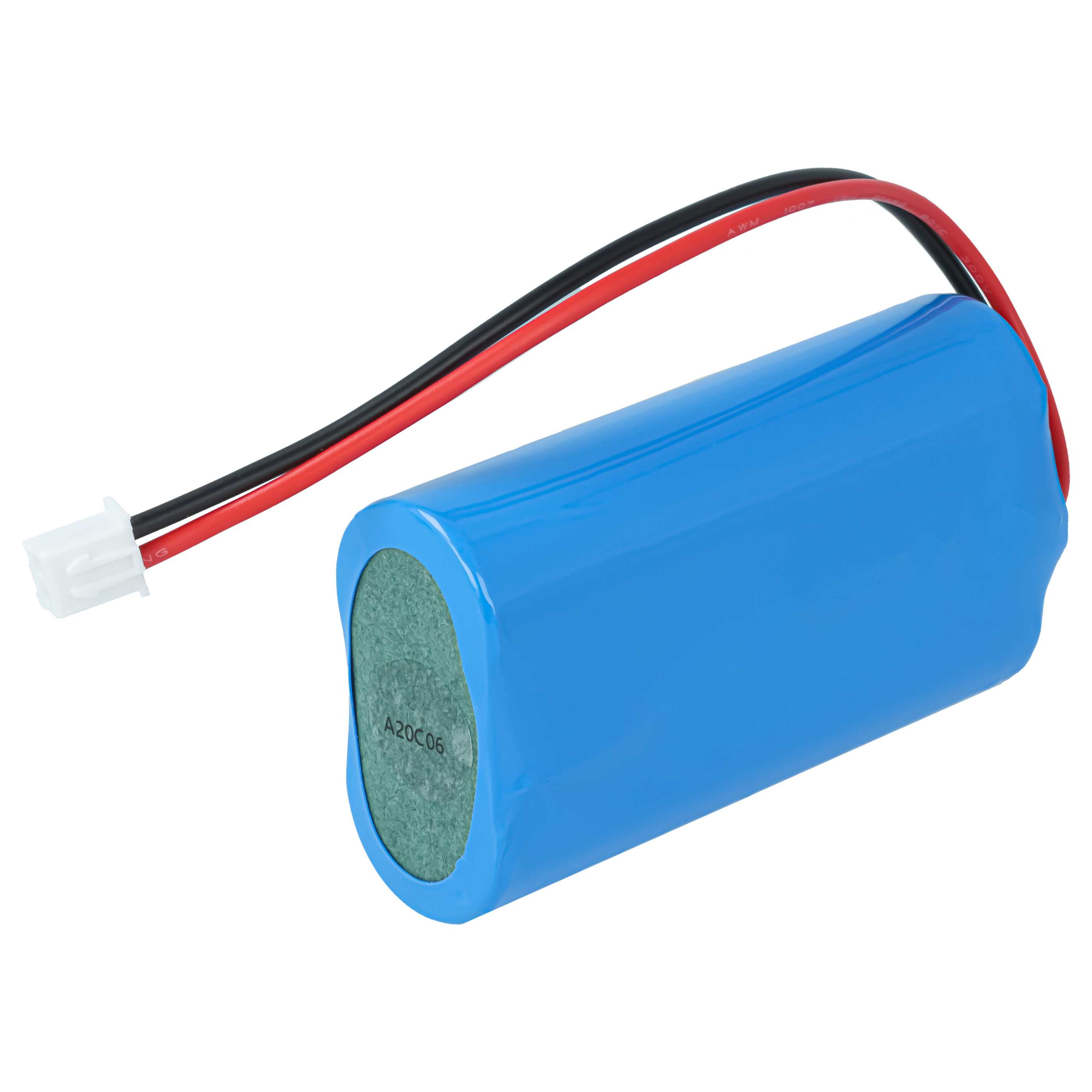 Ein blauer zylindrischer Akku mit schwarzen und roten Kabeln und einem weißen Stecker.