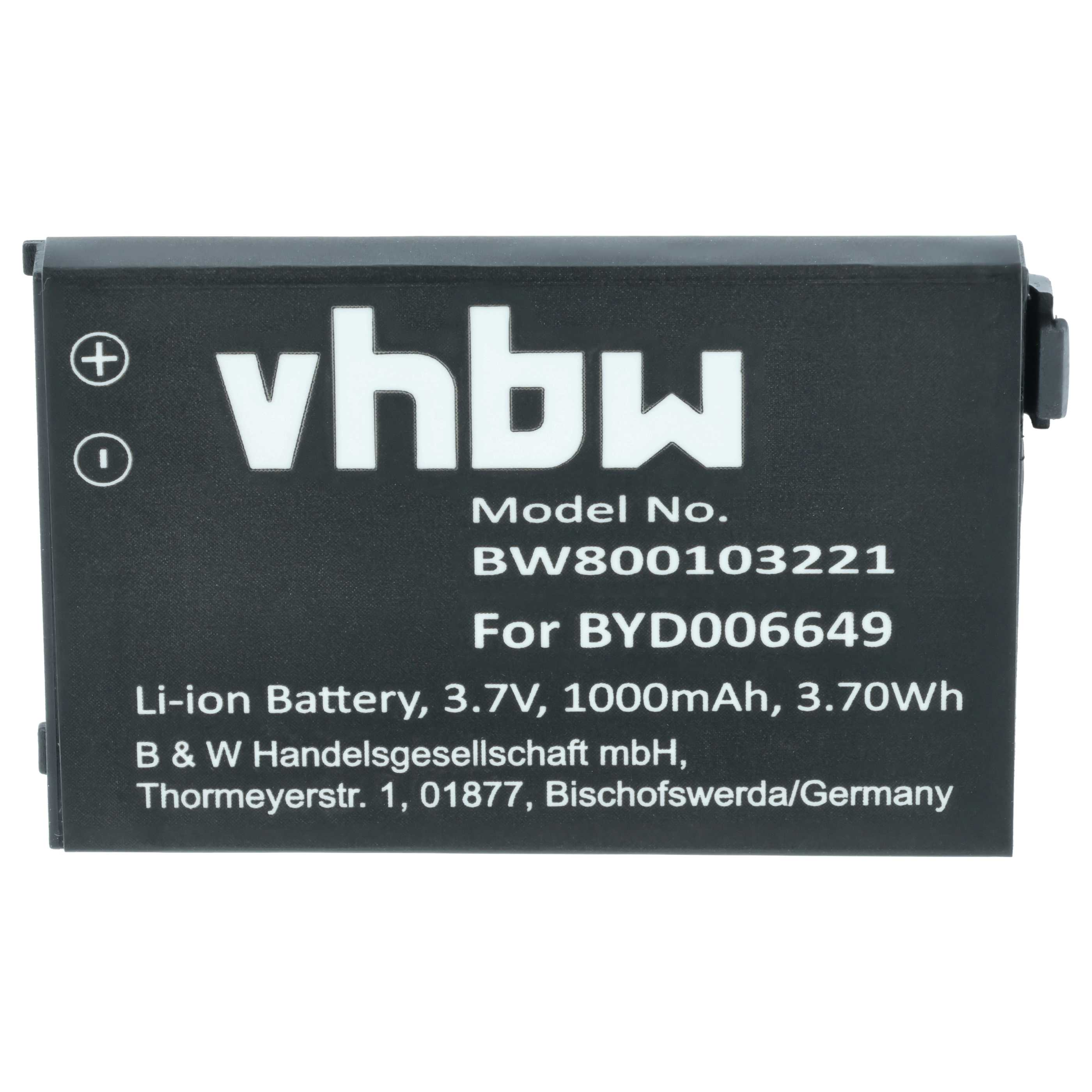 Schwarzer vhbw Li-Ionen-Akku mit 3,7V und 1000mAh, beschriftet mit technischen Daten und Hersteller.