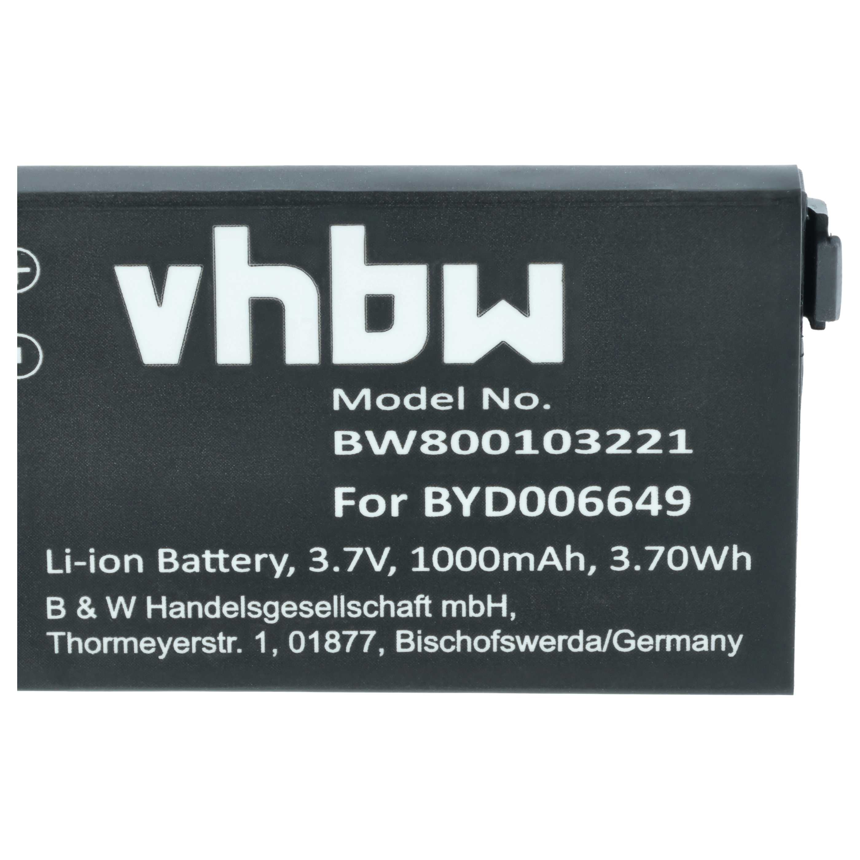 Eine schwarze vhbw Li-Ion Batterie, 3,7V, 1000mAh, mit Modellnummer BW800103221.