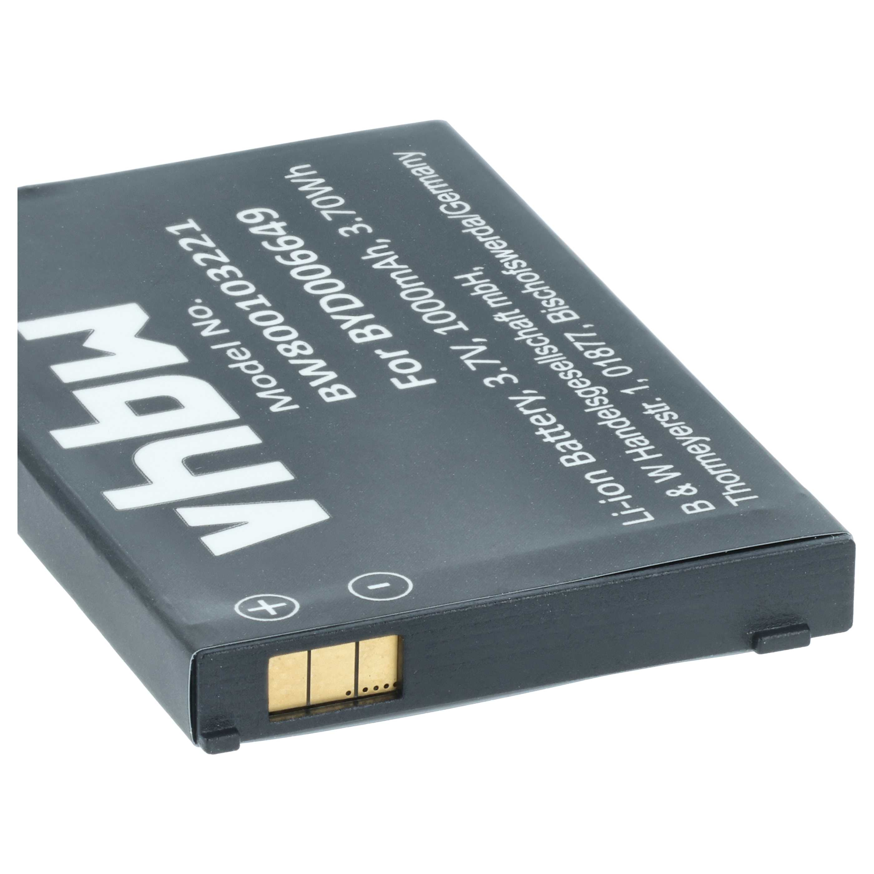 Schwarzer VHBW Li-Ionen-Akku mit weißer Aufschrift und goldenen Kontakten.
