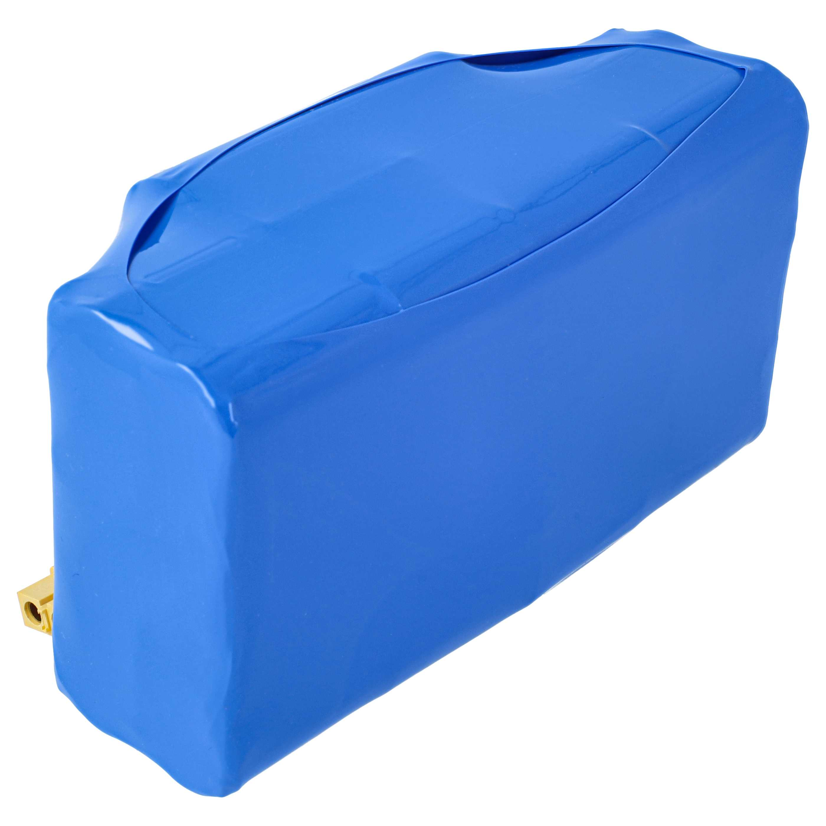 Eine rechteckige, blau verpackte Lithium-Ionen-Batterie auf weißem Hintergrund.