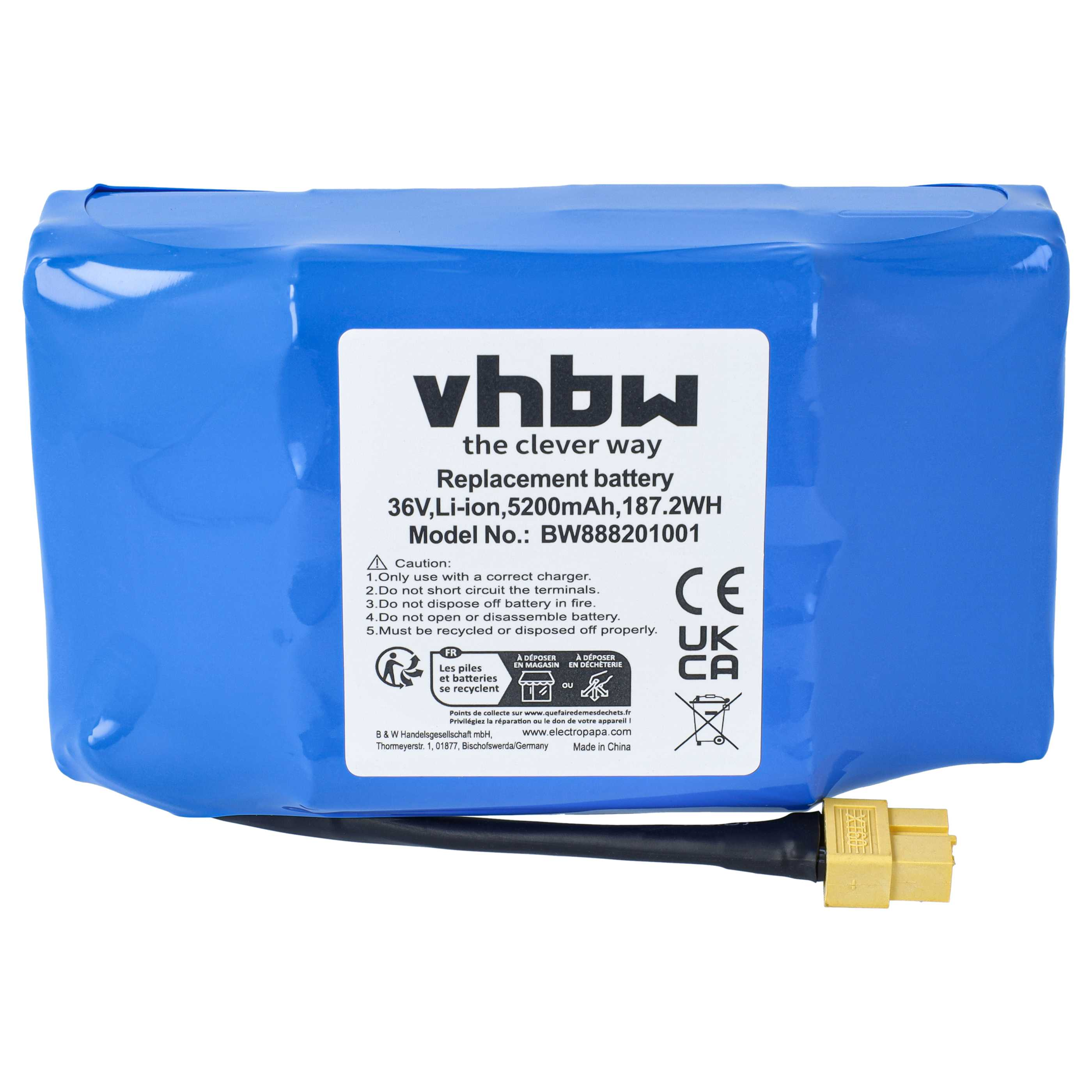 Ein blauer vhbw Li-Ion Ersatzakku mit Etikett und gelbem Stecker auf weißem Hintergrund.