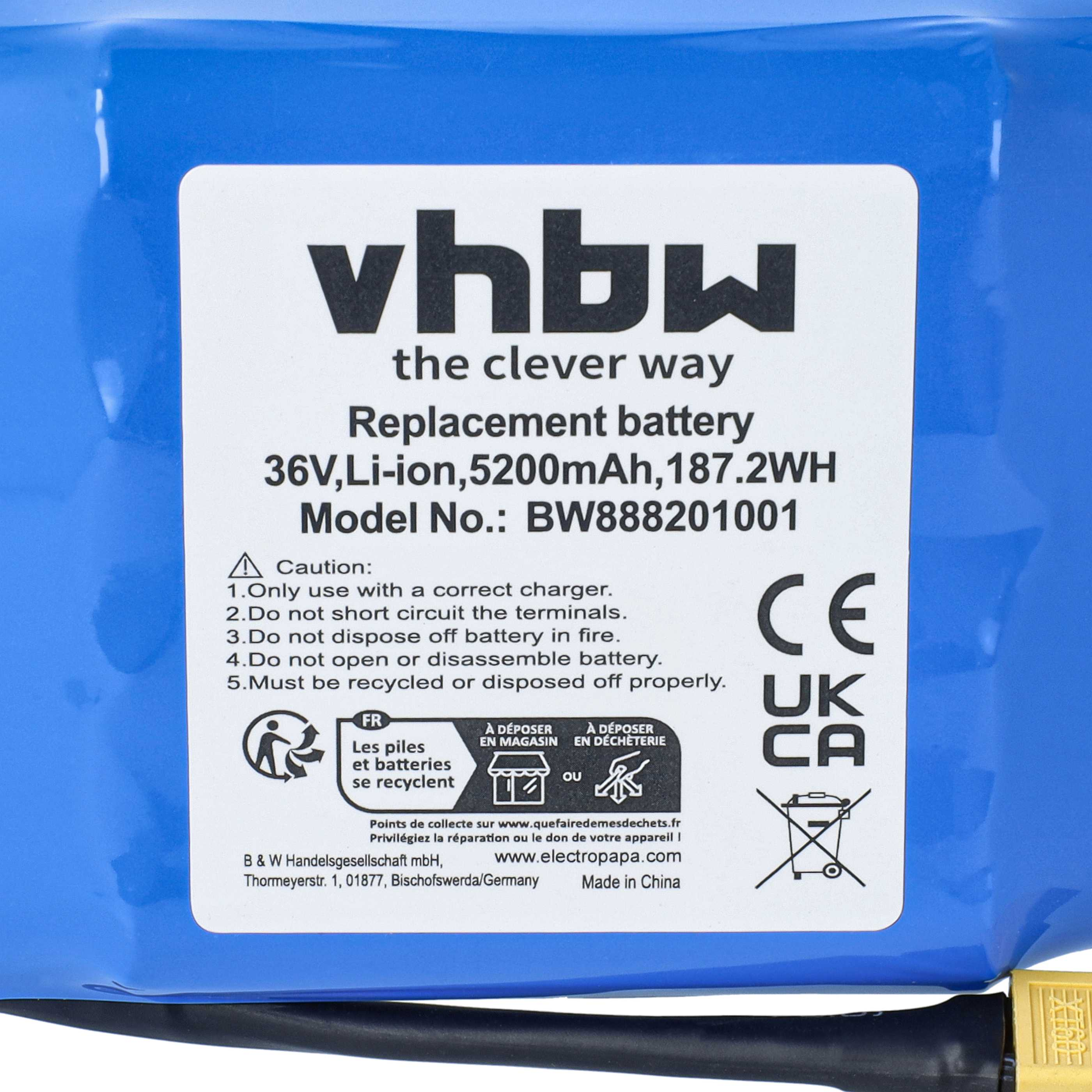 Ein Etikett auf einer blauen Batterie mit technischen Daten, Vorsichtshinweisen und dem vhbw Logo.