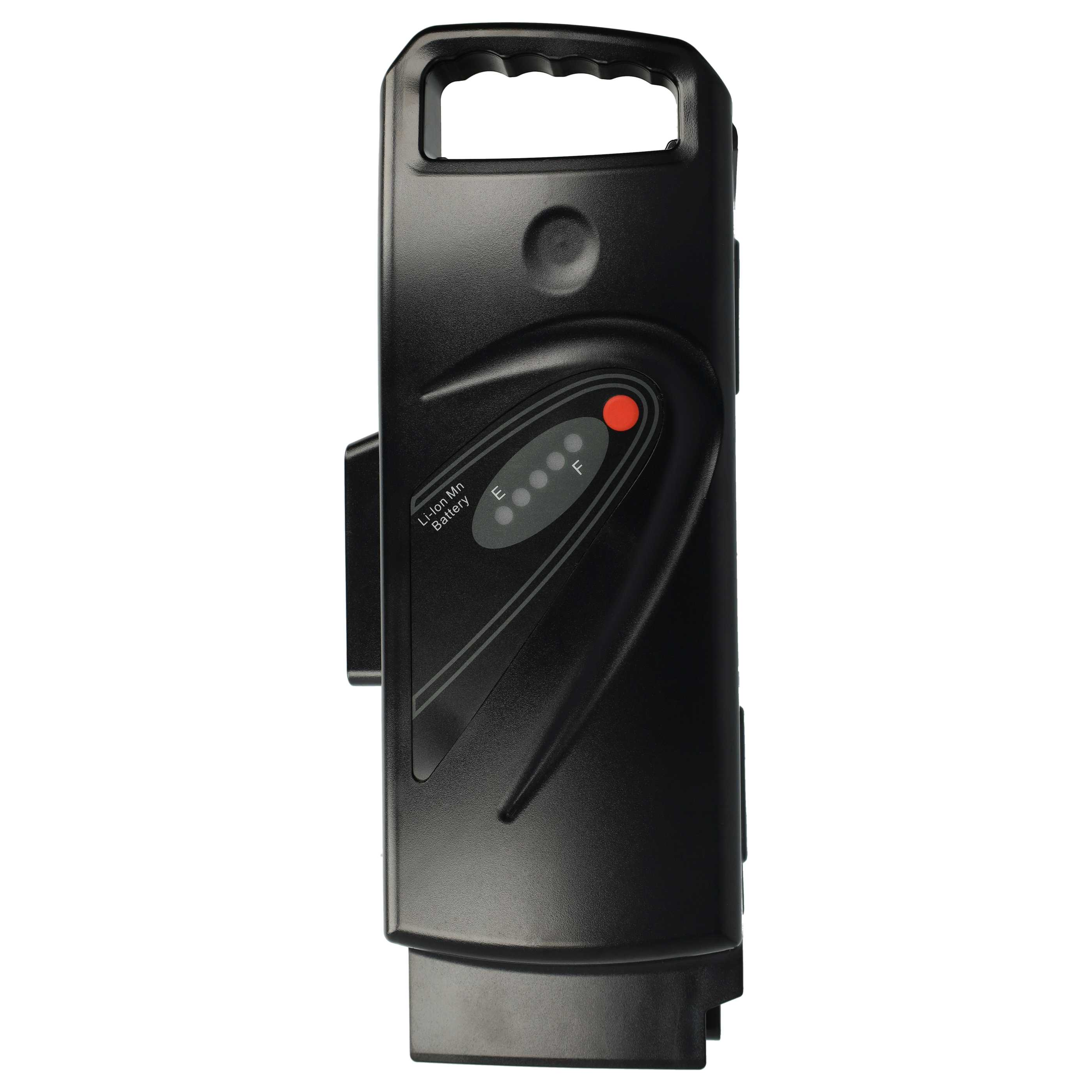 Eine schwarze E-Bike-Lithium-Ionen-Batterie mit Griff und Ladezustandsanzeige.