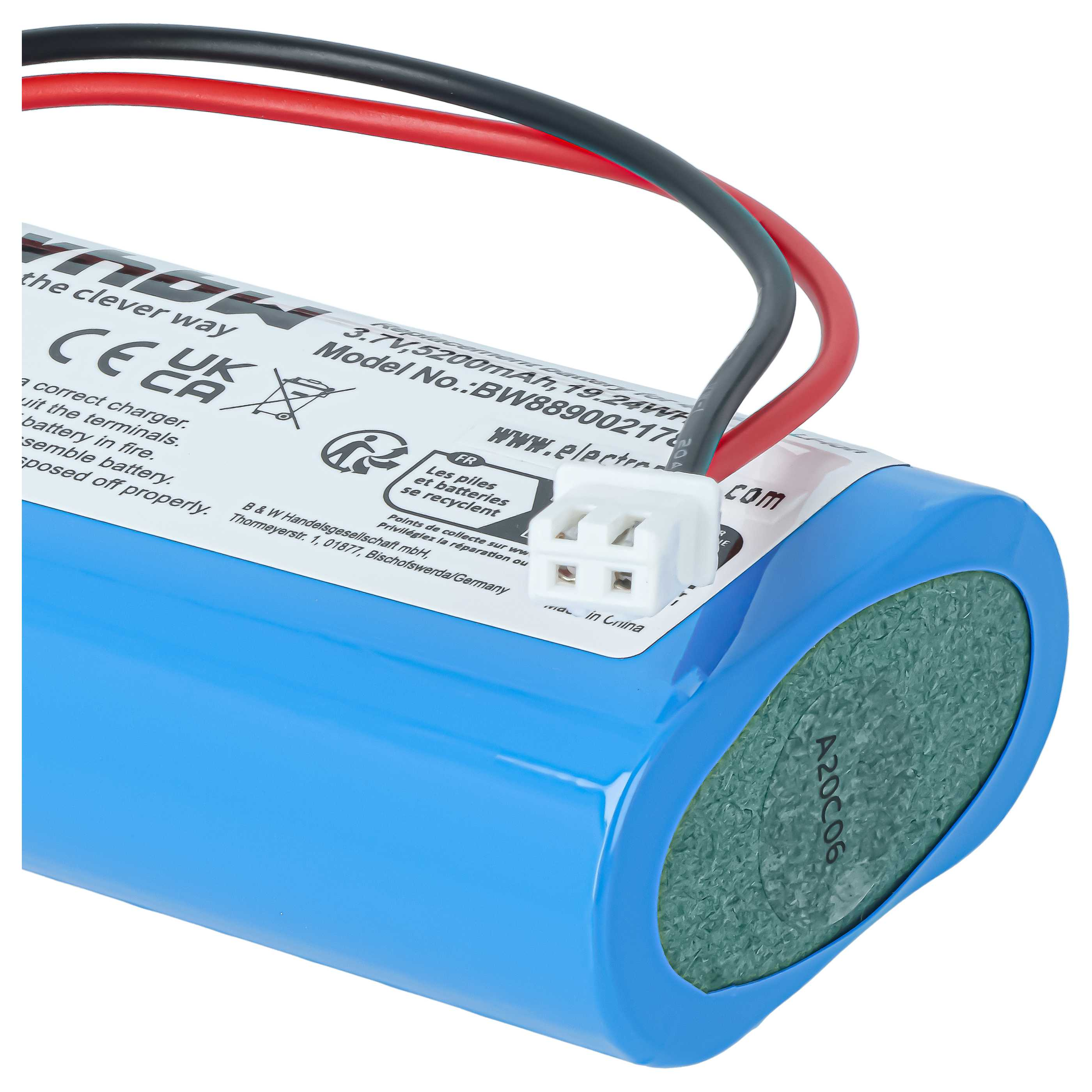 Ein blauer Lithium-Ionen-Akku mit roten und schwarzen Kabeln sowie einem weißen Stecker.