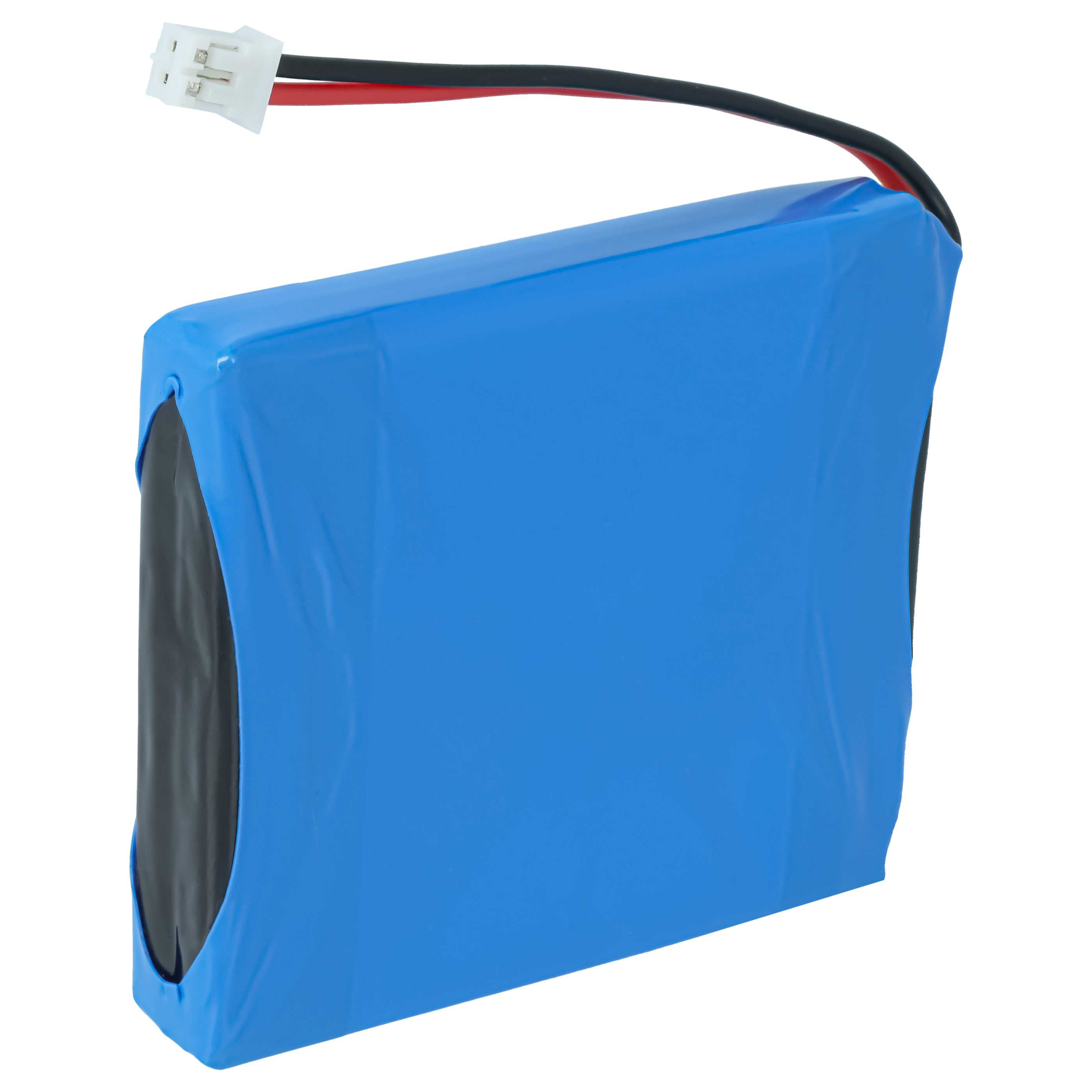 Ein blauer Lithium-Ionen-Akku mit roten und schwarzen Kabeln, die mit einem weißen Stecker enden.