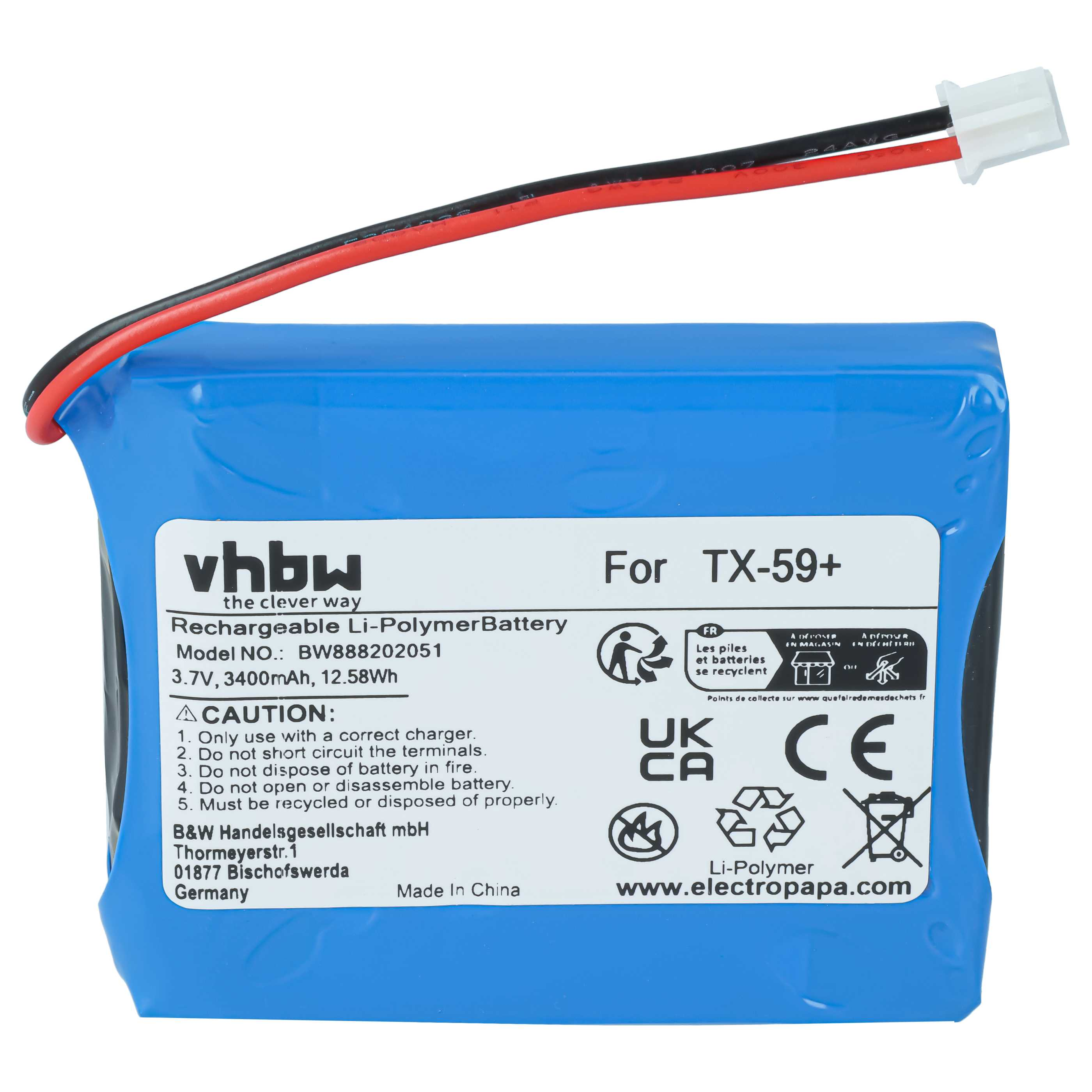 Ein blauer vhbw Li-Polymer-Akku mit rot-schwarzem Kabel und weißem Stecker auf weißem Hintergrund.