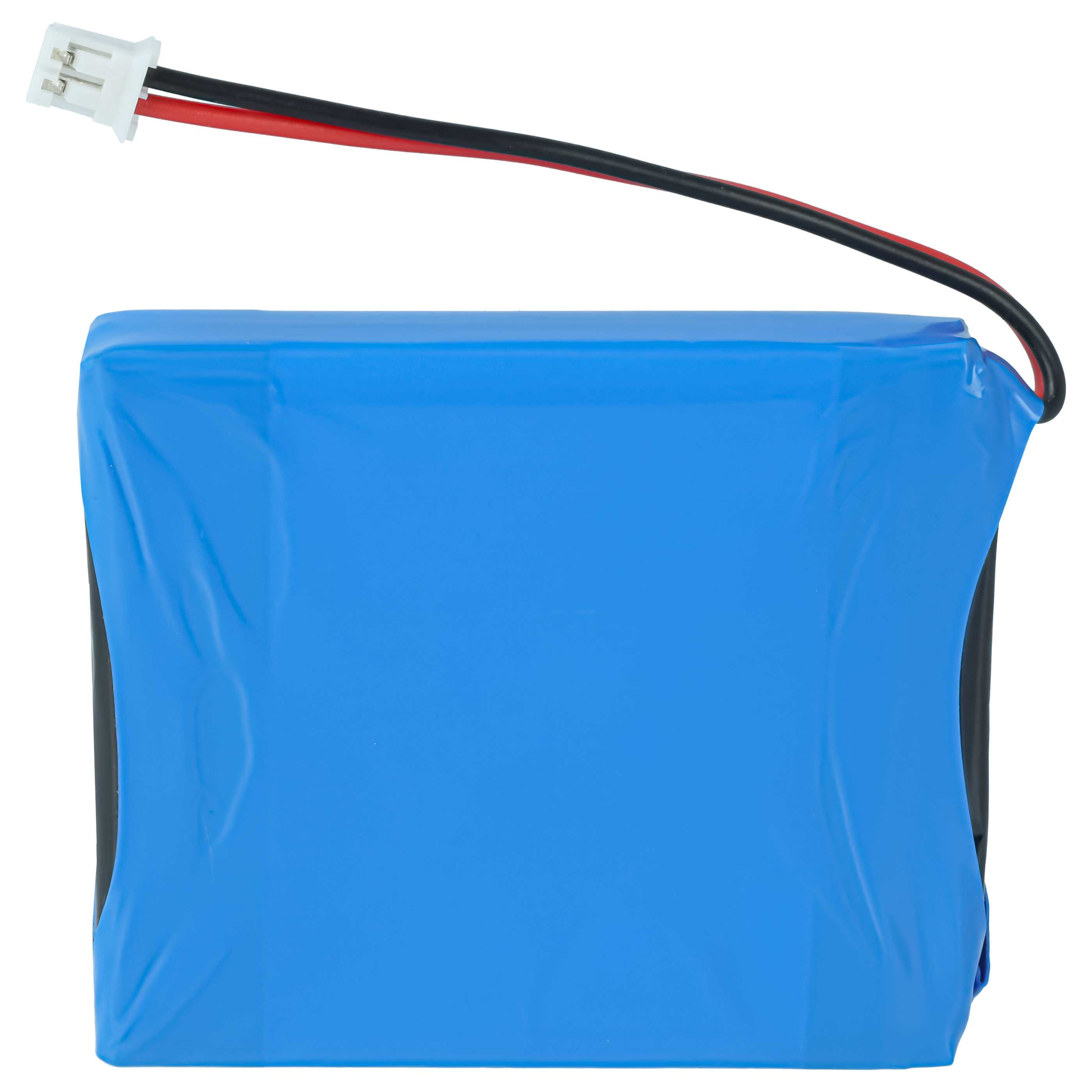 Ein blauer Akku mit zwei Drähten und einem weißen Stecker.