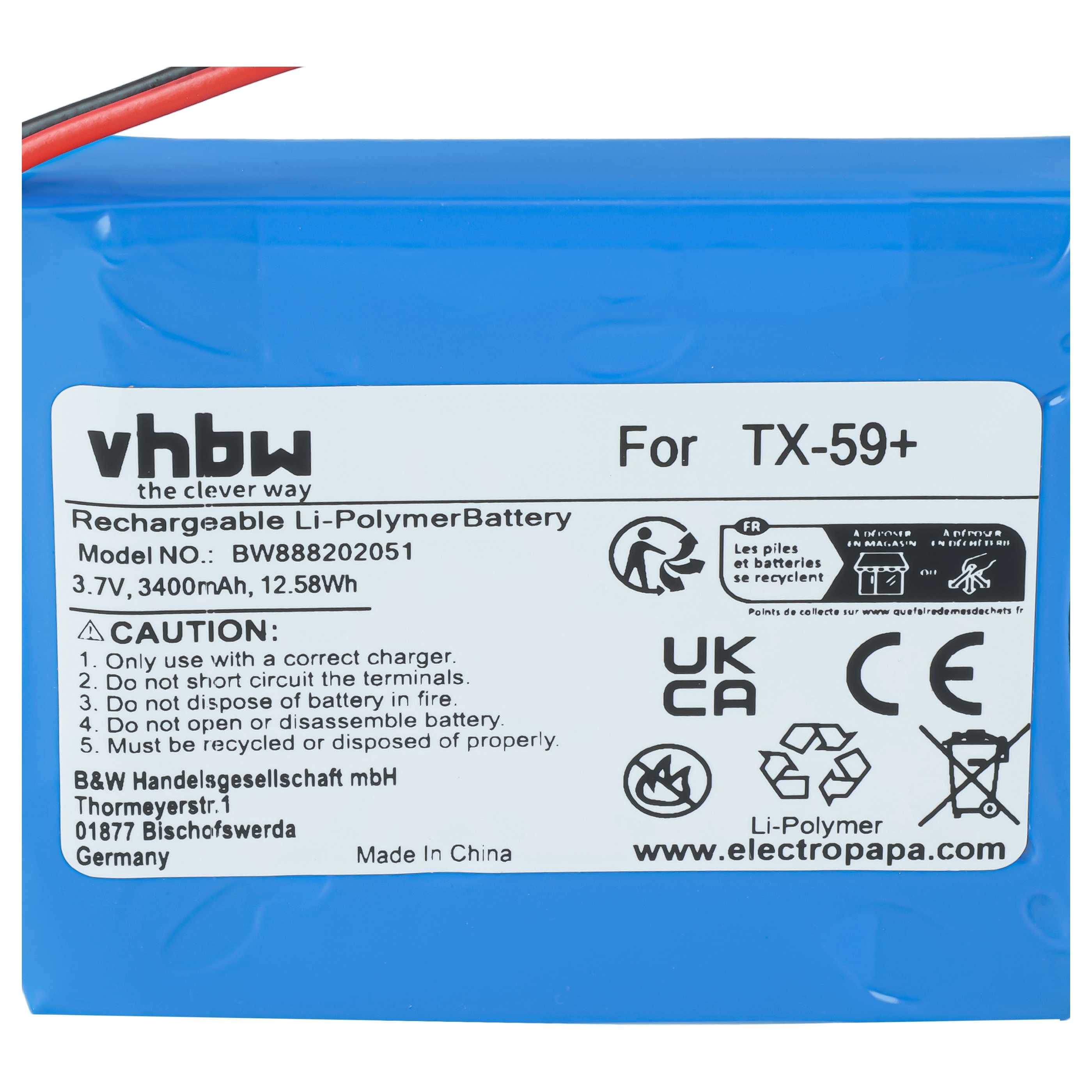 Blaue wiederaufladbare Lithium-Polymer-Batterie mit weißem Etikett und technischen Daten.