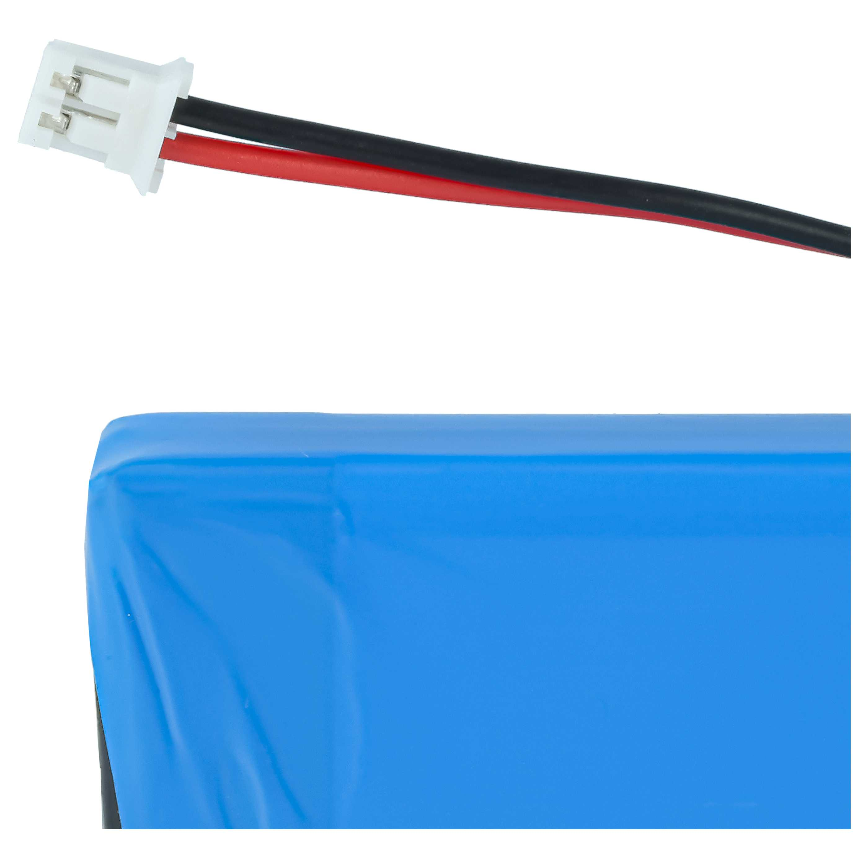 Ein blauer Akku mit einem weißen Stecker und rot-schwarzen Kabeln vor weißem Hintergrund.