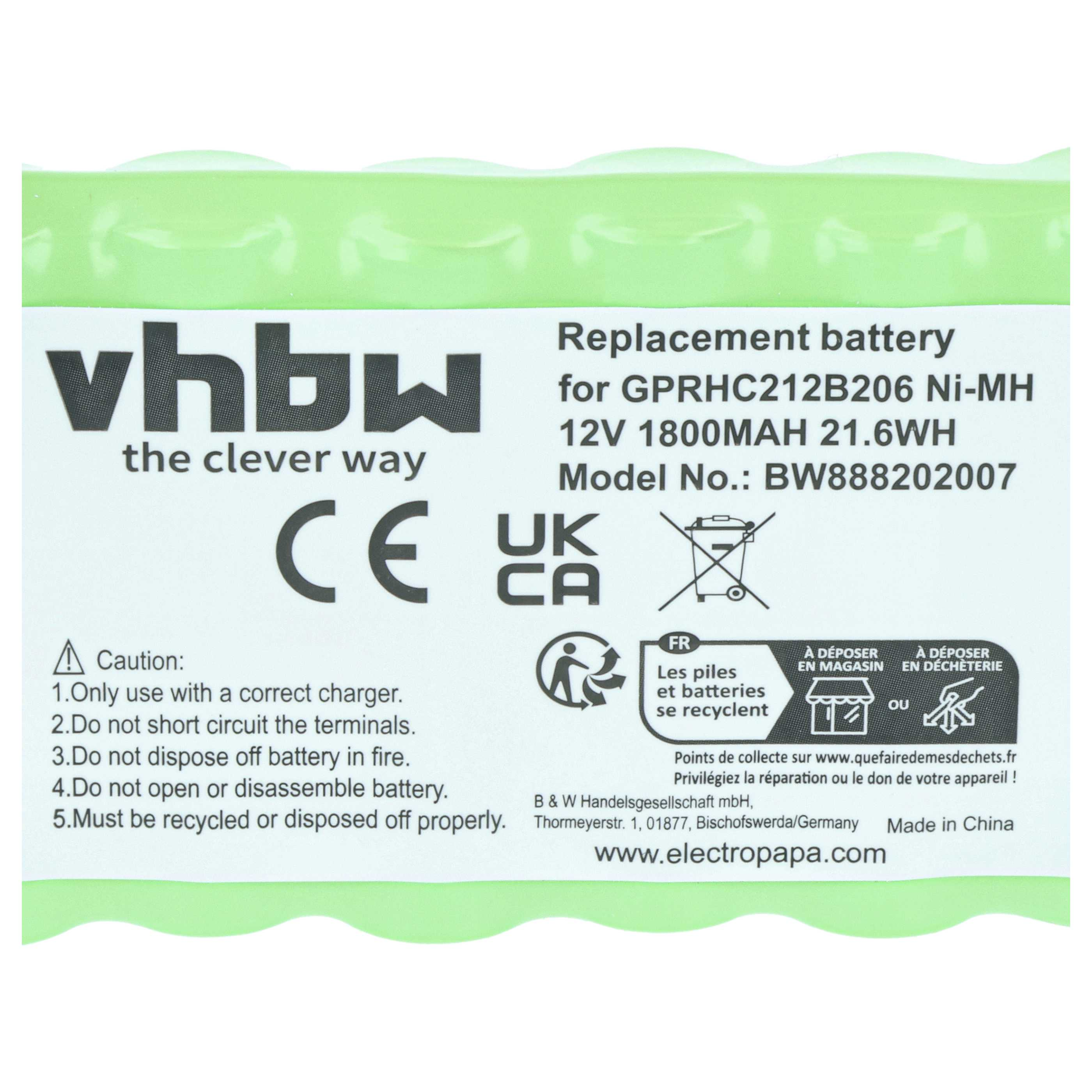 Grünes Ersatzakku-Etikett mit Vhbw-Logo, technischen Daten, CE-Zeichen und Sicherheitshinweisen.