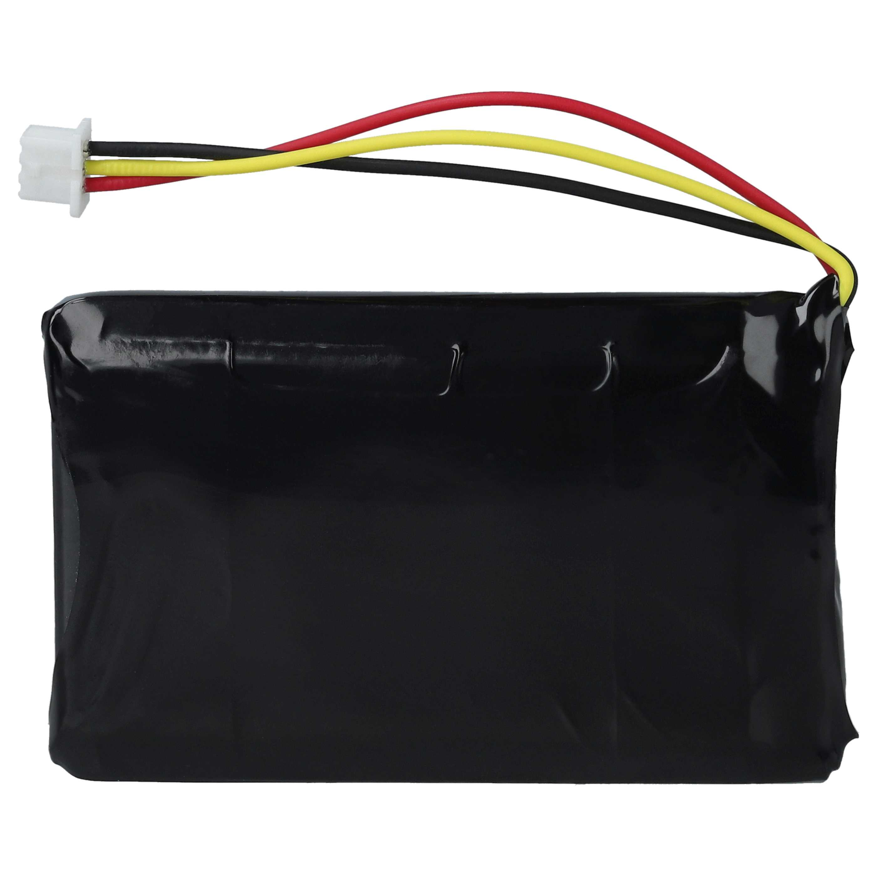 Eine rechteckige, schwarz umwickelte Batterie mit rotem, gelbem und schwarzem Kabel, das in einem weißen Stecker endet.