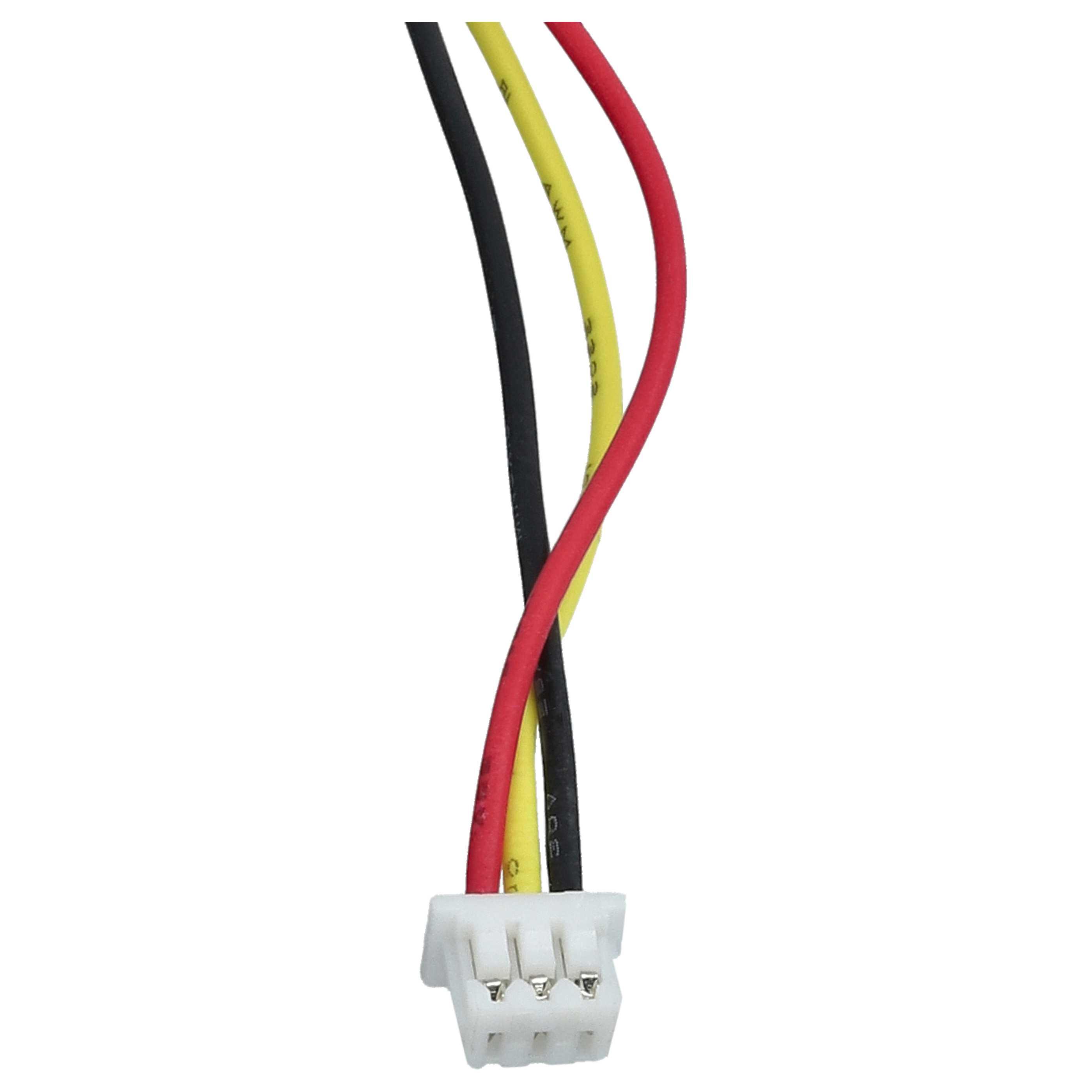Drei farbige Drähte (schwarz, gelb, rot) enden in einem weißen Stecker vor weißem Hintergrund.
